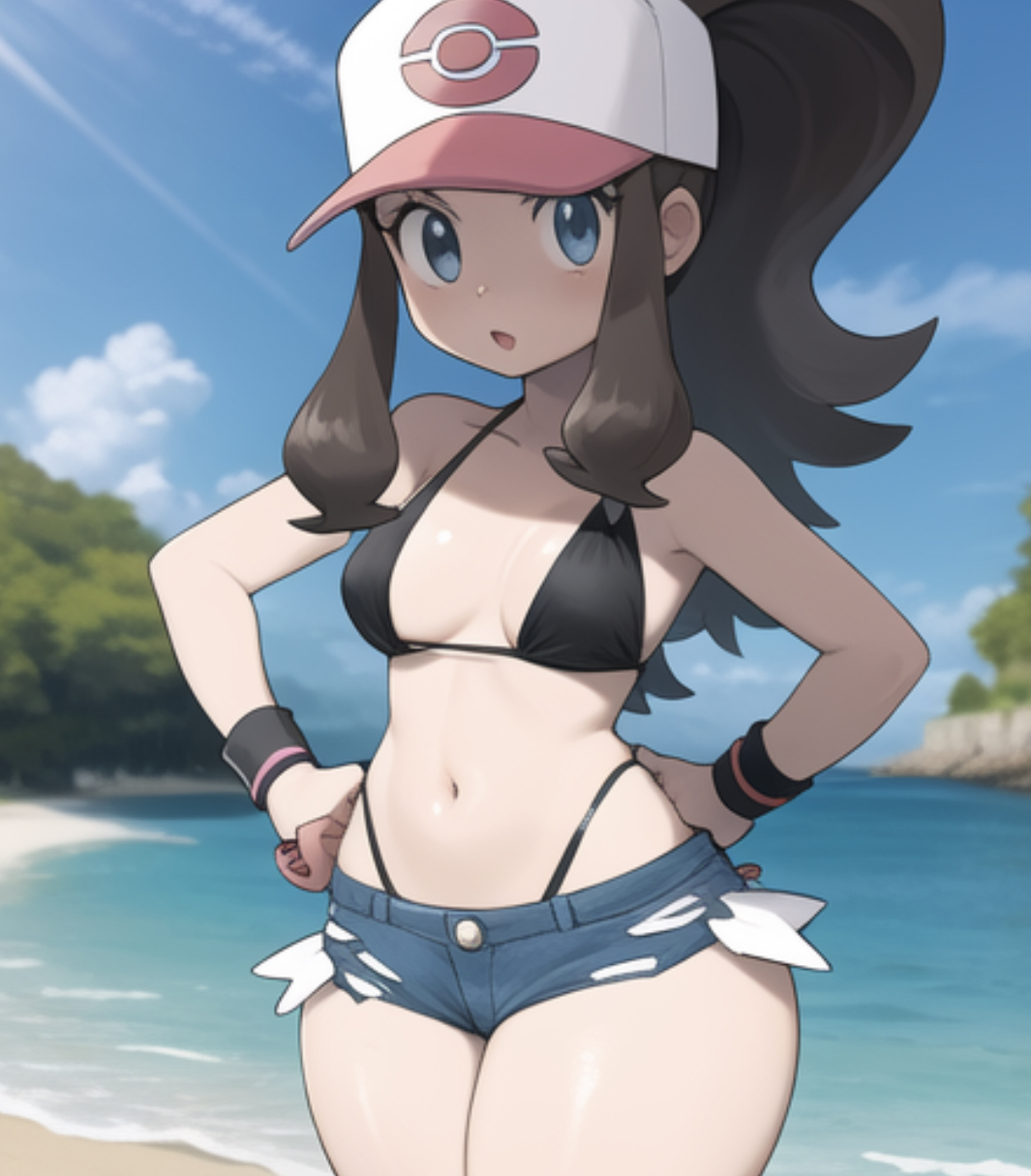 ai generated, ass, baseball cap, beach, big ass, bikini top, blue eyes, booty shorts, brown hair, denim shorts, fat ass, female, hilda (pokemon), pokemon, pokemon bw, thick thighs