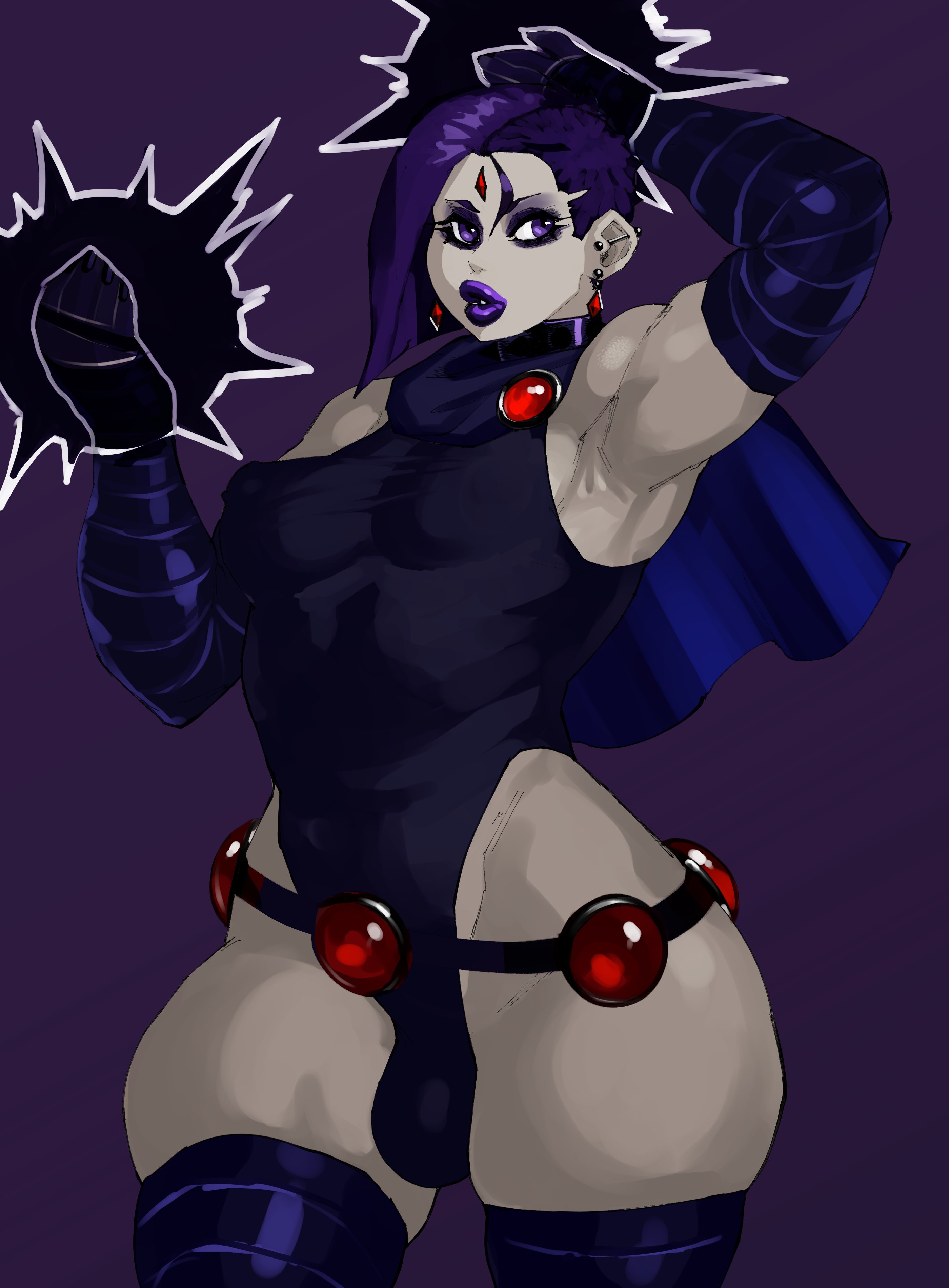 1boy, axred7, big lips, breasts, bulge, clothing, dc, dc comics, ear piercing, femboy, femboy only, genderswap, genderswap (ftm), human, magic, magic user, male, male boobs, male breasts, male only, male with breasts, piercing, purple eyes, purple hair, raven (dc), rule 63, skimpy, small breasts, solo, standing, teen titans, thick thighs