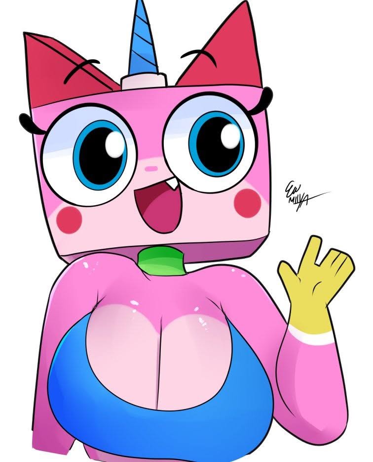 1female 1girls 2022 blue_bikini blue_horn breasts cleavage female furry miiyauwu pink_body pink_fur rizkitsuneki the_lego_movie thighs unikitty unikitty! white_background