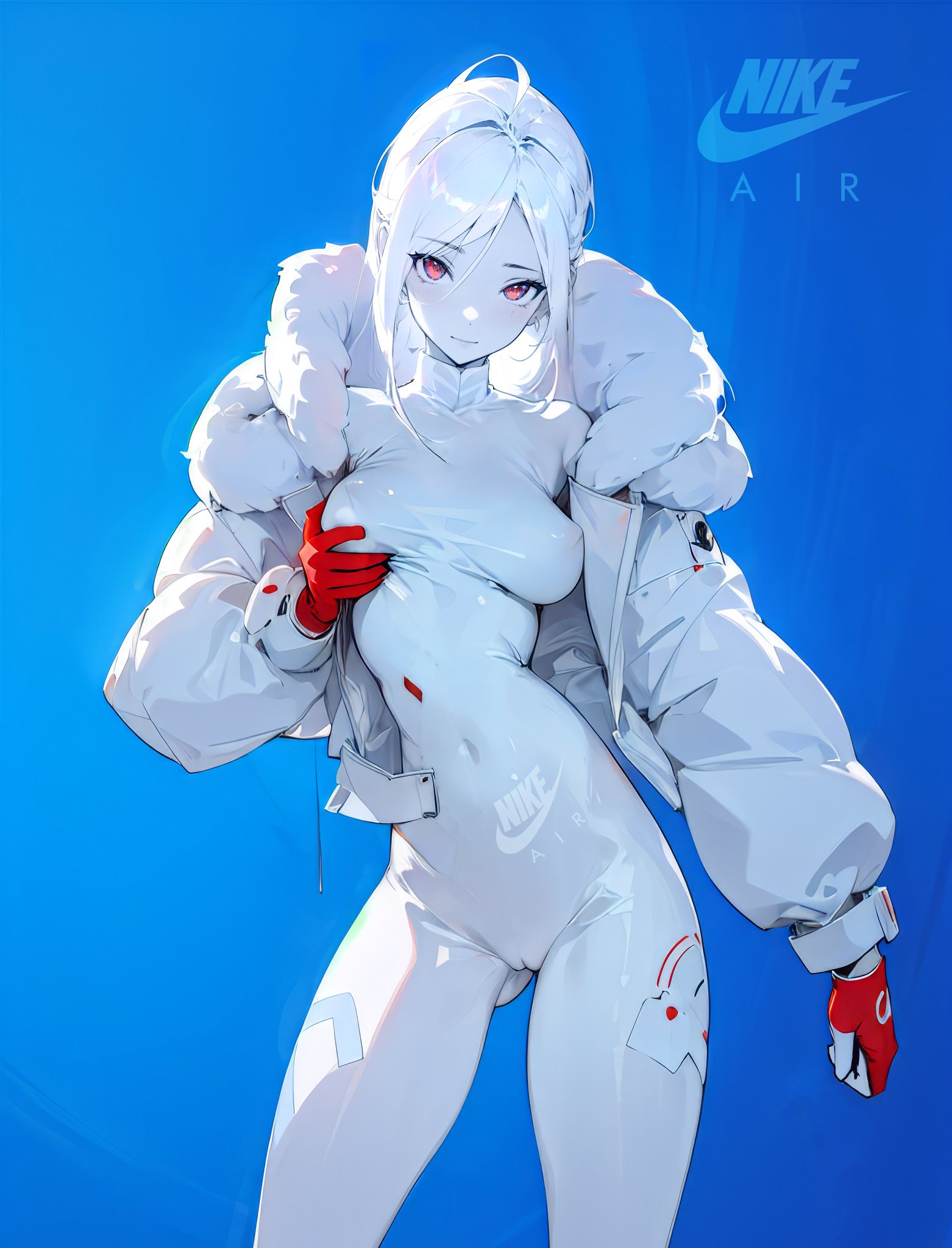 ai generated, airie (fortnite), breasts, female, fortnite, goo girl, grabbing own breast, jacket, see-through clothing, stable diffusion, white body, white hair, white skin