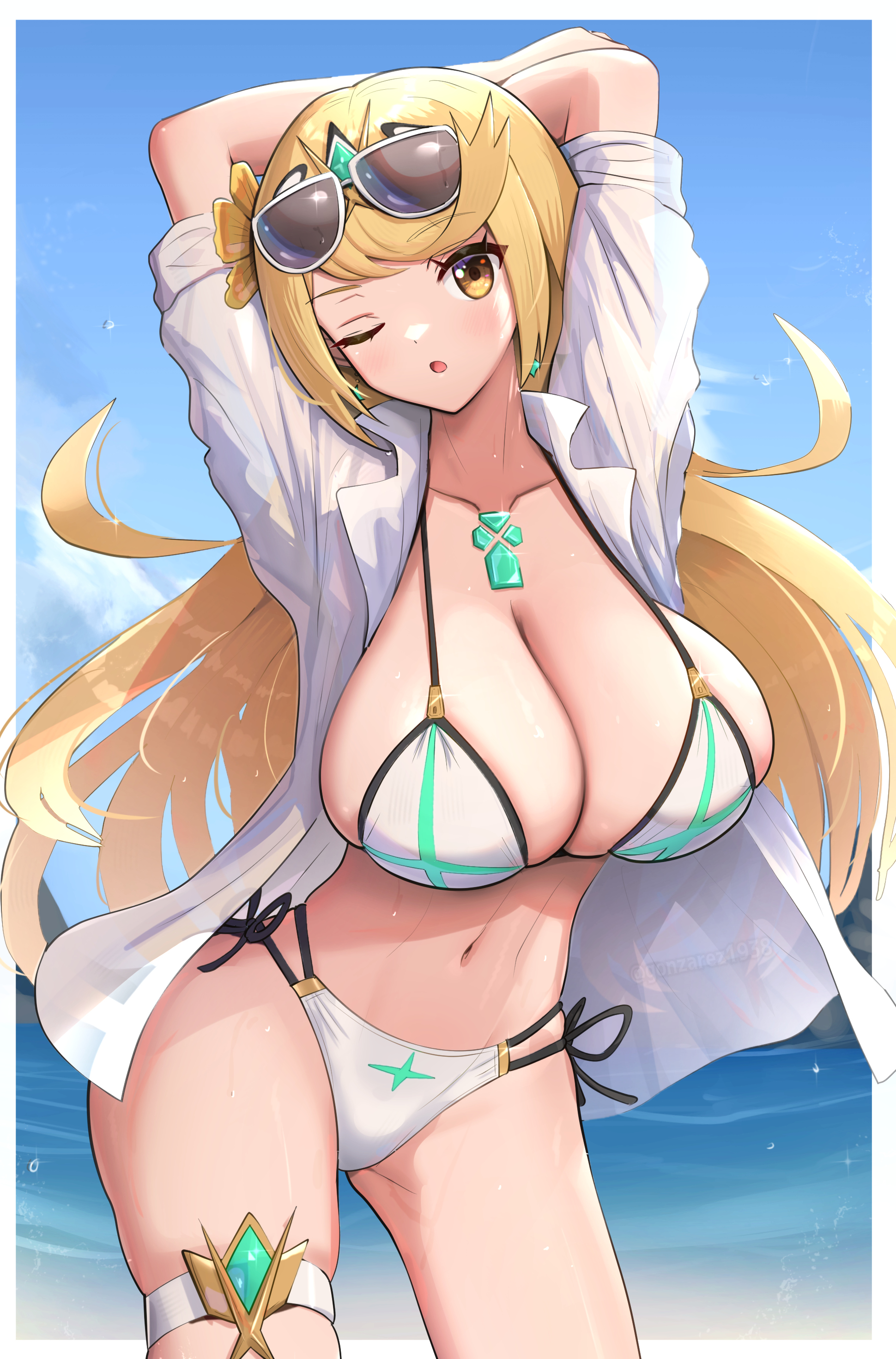 1girls, armpits, arms up, bangs, bikini, blonde hair, breasts, core crystal, female, gold eyes, gonzarez, hi res, huge breasts, light skin, light-skinned female, long hair, mythra, nintendo, swept bangs, swimsuit, thick thighs, white bikini, xenoblade (series), xenoblade chronicles 2