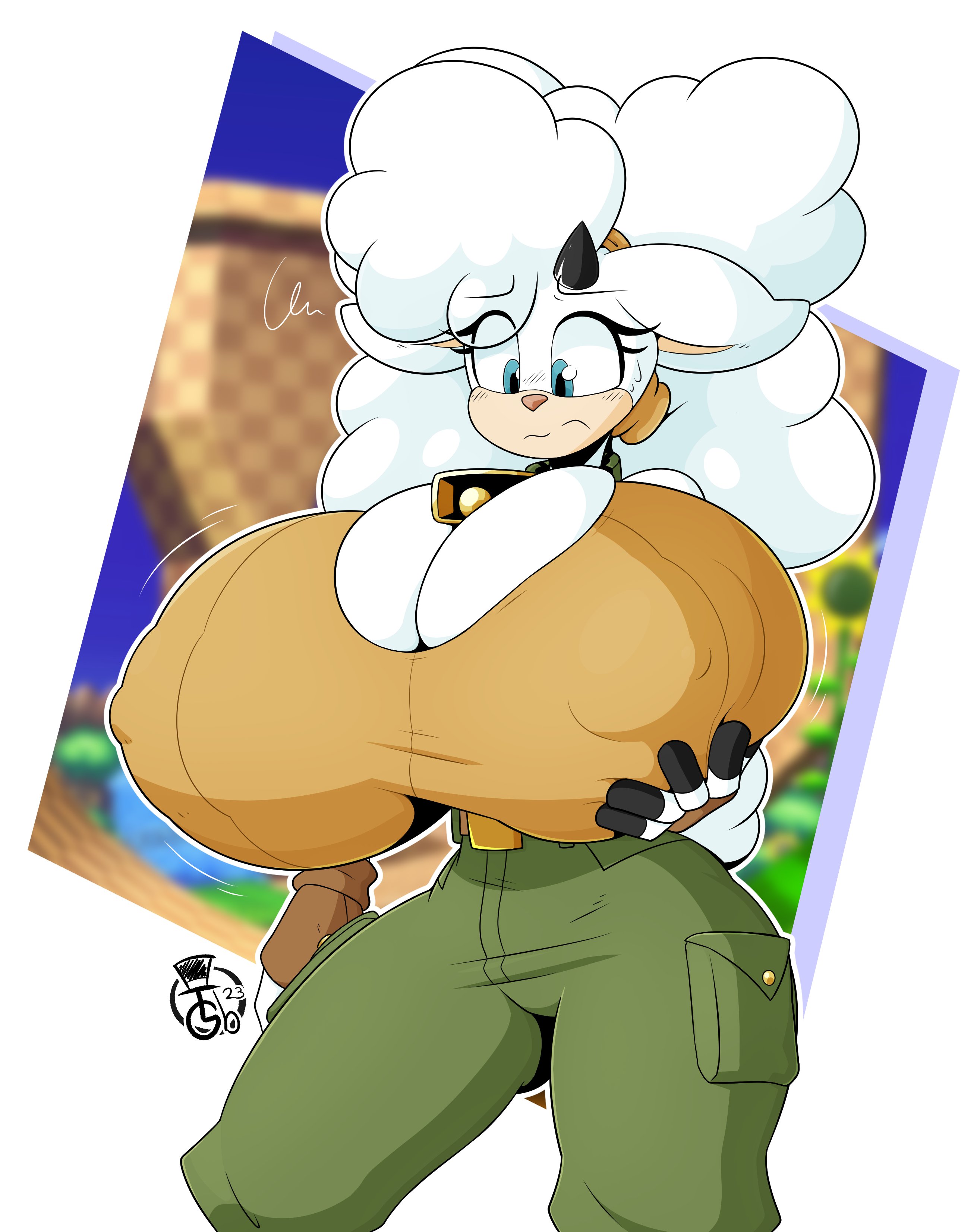 2d, between breasts, big breasts, blue eyes, breasts, breasts bigger than head, clothed, cowbell, female, female only, holding own breast, huge breasts, idw comics, idw publishing, lanolin the sheep, mobian, mobian (species), mobian sheep, nipples visible through clothing, sega, sheep, sonic (series), sonic the hedgehog (comics), sonic the hedgehog (idw), sonic the hedgehog (series), tagme, thegentlebro, thick thighs, tight clothing, white fur, wide hips, worried