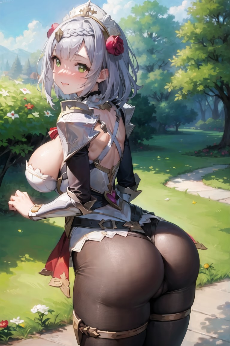 1girls, ai generated, armor, ass, ass focus, blush, bodysuit, breasts, embarrassed, female, female only, from behind, genshin impact, green eyes, hair flower, hair ornament, half updo, headdress, huge ass, large breasts, leaning, leaning forward, looking at viewer, looking back, noelle (genshin impact), pantyhose, shiny, shiny clothes, shiny hair, shiny skin, short hair, sideboob, silver hair, solo, yuki diffusion
