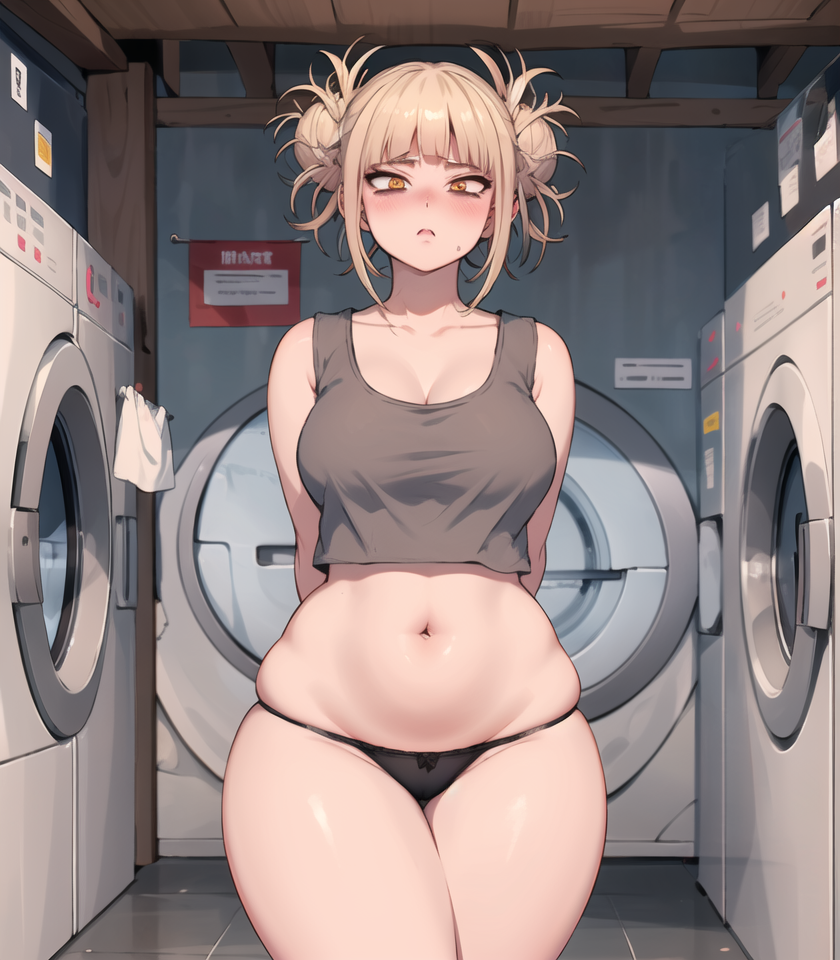 1girls ai_generated bangs bare_arms bare_legs bare_thighs black_panties blonde_hair blush bow_panties breasts cleavage curvy embarrassed female female_only gardener_ai grey_topwear hair_bun hair_buns himiko_toga large_breasts laundry midriff my_hero_academia navel no_pants panties perfect_legs shiny_skin skindentation sleeveless slightly_chubby solo stable_diffusion standing stomach tank_top thick_thighs thighs thighs_together thin_waist toga_himiko washing_machine wide_hips yellow_eyes