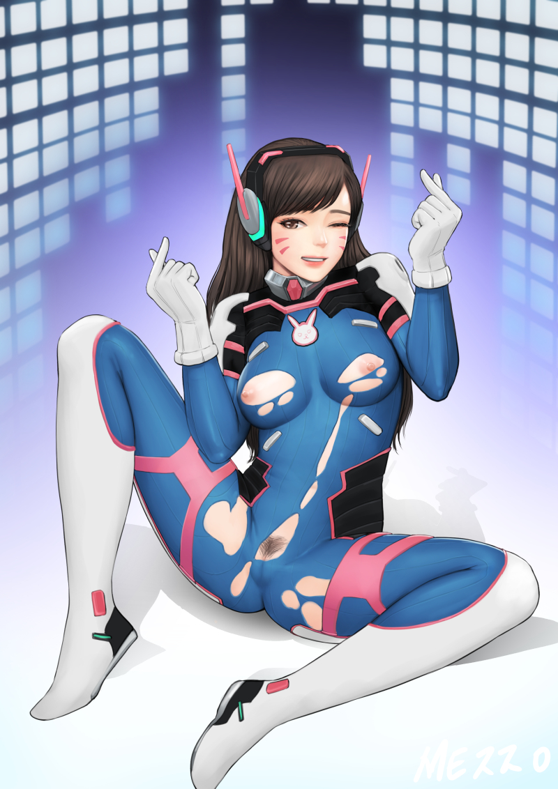 1girls bodysuit breasts d.va mezzo_(orbanga21) nipples overwatch pubes sitting torn_bodysuit