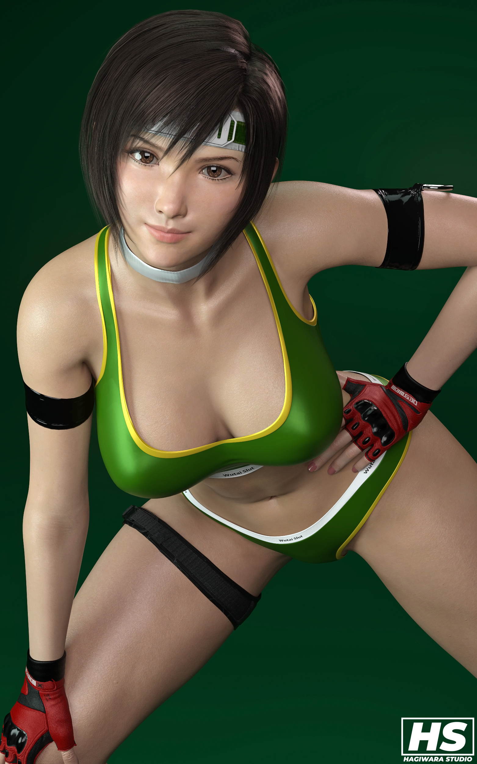 1girls, 3d, brown eyes, brown hair, female, female only, final fantasy, final fantasy vii, gloves, hagiwara studio, headband, solo, sports bra, tagme, yuffie kisaragi