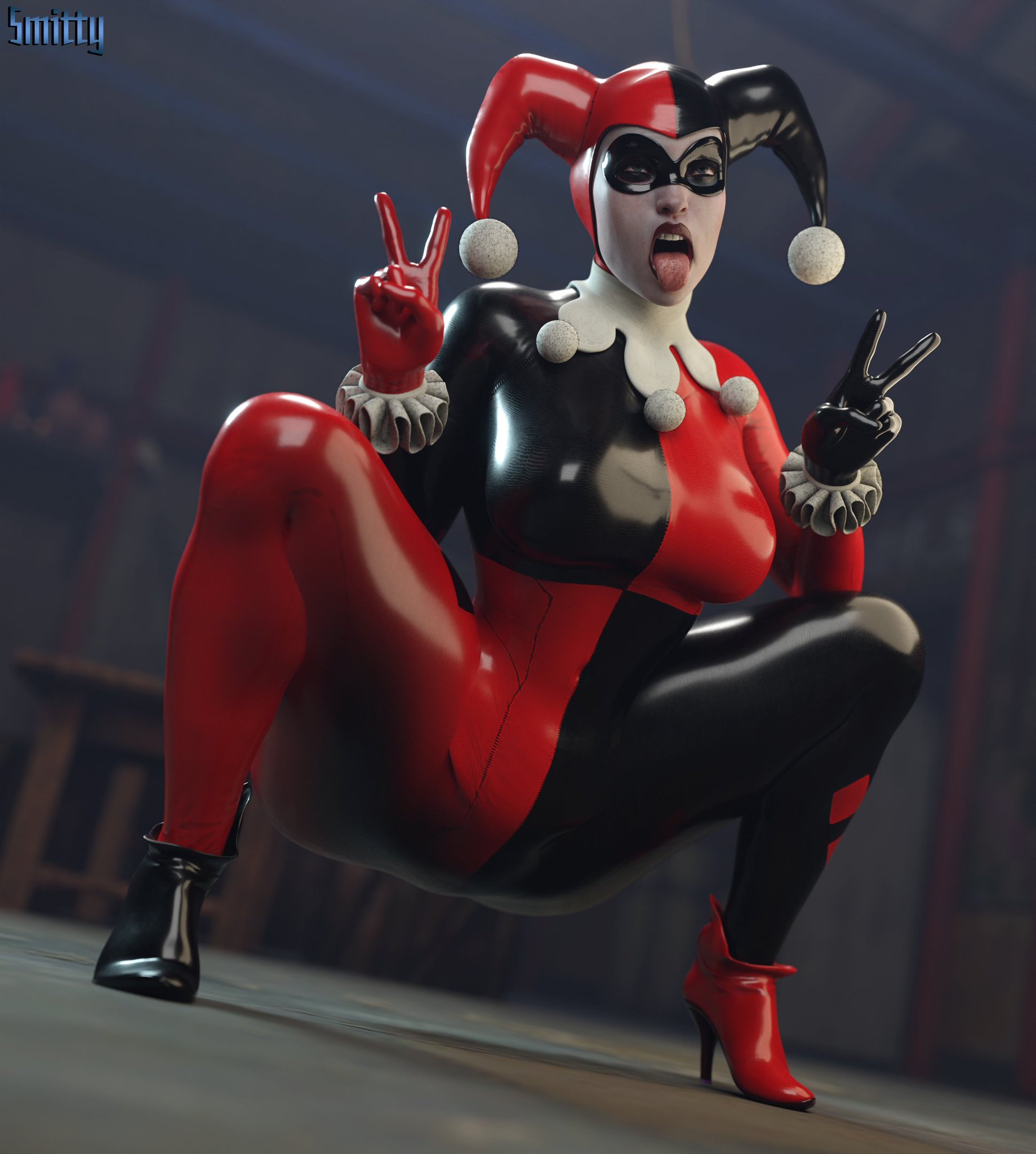 1girls, 3d, 3d (artwork), ahe gao, ahegao, ass, batman (series), batman: arkham knight, big ass, big breasts, blue eyes, bodysuit, breasts, clown, clown girl, curvaceous, curvy, curvy figure, dc, dc comics, digital media (artwork), domino mask, double v, eyes, female, female only, harley quinn, harley quinn (classic), harley quinn (injustice), high heels, hourglass figure, injustice 2, jester, jester cap, jester costume, jester girl, jester hat, jester outfit, large breasts, legs, light skin, light-skinned female, lips, makeup, mask, open mouth, posing, smitty34, solo, solo female, squatting, thick thighs, tongue, tongue out, villain, villainess, voluptuous, white skin