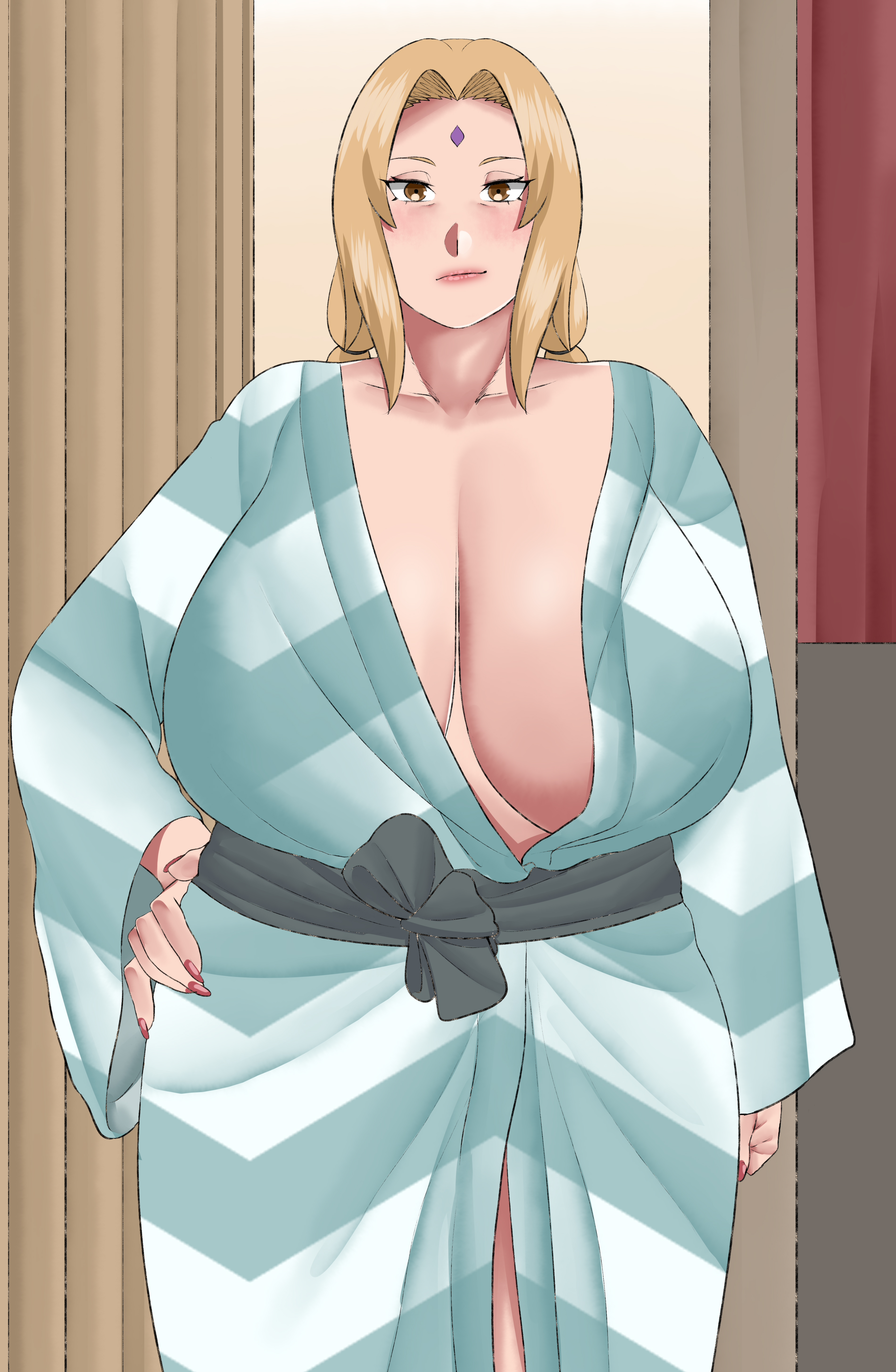 1girls, alternate version available, asian clothing, bathrobe, big breasts, blonde hair, blush, boruto: naruto next generations, breasts, busty, chubby, chubby female, cleavage, curvaceous, curvy, curvy body, curvy female, curvy figure, female, female only, forehead jewel, forehead mark, hair ribbon, hand on hip, hi res, high resolution, highres, huge breasts, hyper breasts, inner sideboob, kimono, large breasts, light skin, light-skinned female, lipstick, long fingernails, long nails, looking at viewer, makeup, mature, mature female, milf, nail polish, naruto, naruto (classic), naruto (series), naruto shippuden, naruto: the last, neko plus, no bra, oppai, painted nails, pale skin, pale-skinned female, pose, posing, presenting breasts, red nail polish, red nails, revealing clothes, ribbon, ribbons, robe, shounen jump, skimpy, skimpy clothes, solo, standing, thick thighs, thighs, tied hair, tsunade, twintails, voluptuous, voluptuous female, wide hips, yukata
