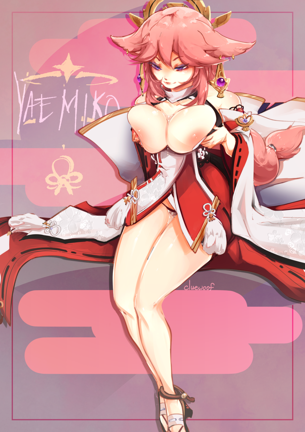 boobs breasts cleavage clue_(artist) female fox_ears genshin_impact half-dressed legs overflow pink_hair wakamezake yae_miko