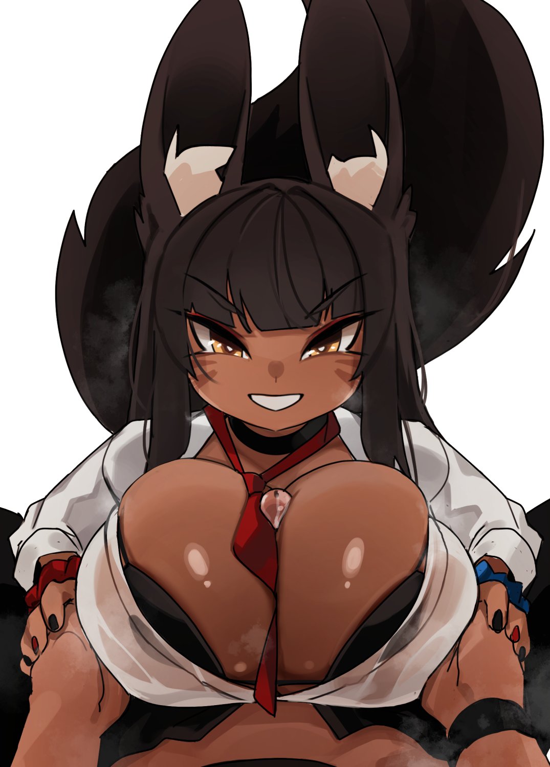 1boy, 1girls, blush, breasts, breasts bigger than head, cleavage, clothed paizuri, consensual paizuri, dark skin, dark-skinned female, dark-skinned male, female, fox ears, fox girl, fox humanoid, fox tail, ganguro, gyaru, hi res, huge breasts, kemonomimi, kitsune, kitsunemimi, large penis, male, male pov, massive breasts, naughty face, original, original character, paizuri, penis, pov, precum, precum drip, smile, titjob, uncensored, zanamaoria