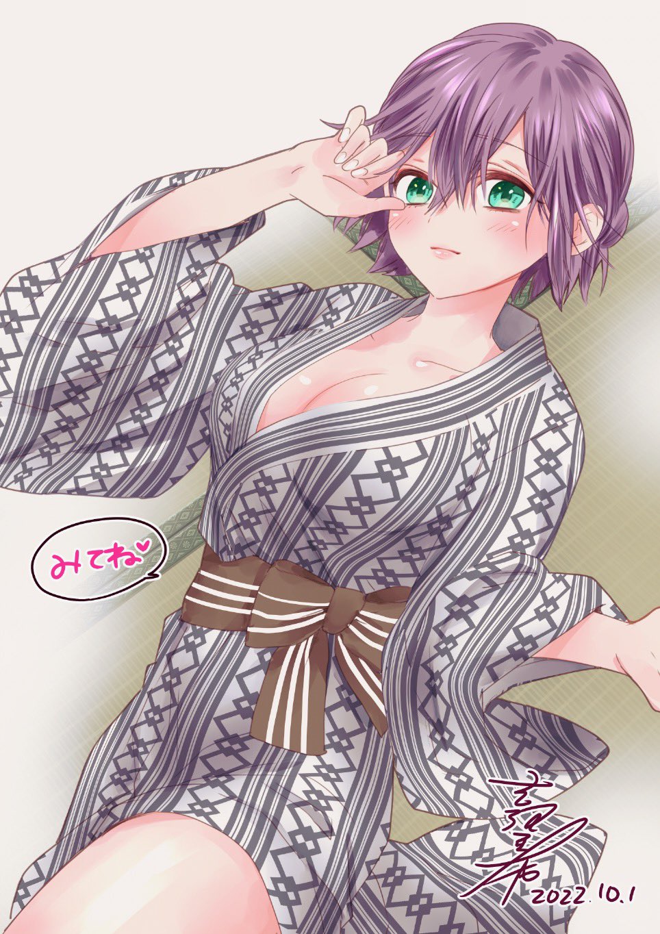 bath_yukata blush breasts cleavage closed_mouth collarbone dated female from_above green_eyes hand_on_own_face highres japanese_clothes kakkou_no_iinazuke kimono large_breasts looking_at_viewer lying obi official_art on_back patterned_clothing purple_hair sash segawa_hiro short_hair signature solo speech_bubble tatami thighs white_kimono yoshikawa_miki yukata