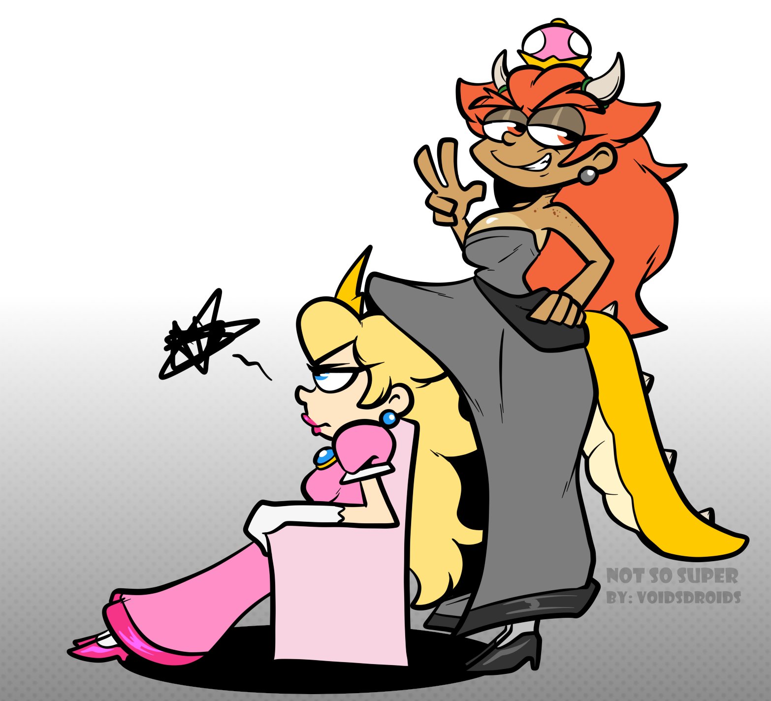 1futa, 1girls, annoyed, annoyed expression, blonde hair, bowsette, breasts, chair, clothed, clothing, dark skin, dark-skinned futa, dress, erection, female, freckles, freckles on face, fully clothed, futanari, high heels, horns, huge cock, human, humanoid, implied futa, intersex, light skin, light-skinned female, long hair, mario (series), mostly clothed, new super mario bros. u deluxe, nintendo, penis, penis on head, princess peach, red bowsette, red eyes, red hair, sitting, standing, super crown, super mario bros., tail, tenting, toony, voidsdroids