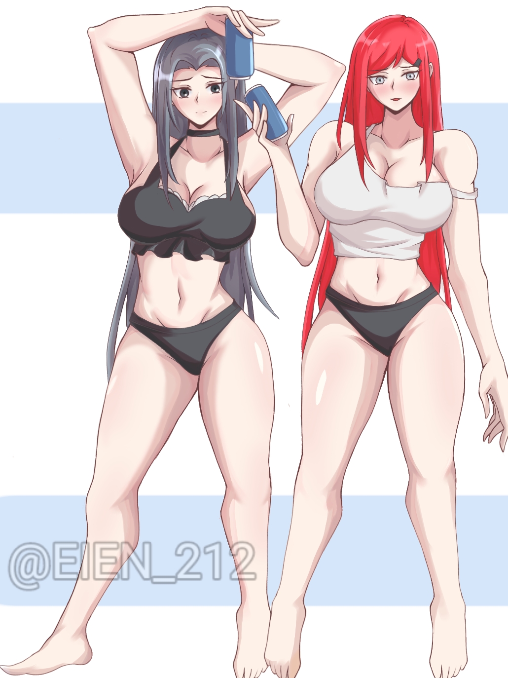 2girls, abs, bare arms, bare legs, bare shoulders, barefoot, belly button, big breasts, bikini, bikini bottom, bikini top, black bikini, black bra, black eyes, black panties, black swimsuit, black underwear, blue eyes, blue hair, blush, bra, breasts, busty, choker, cleavage, eien 212, feet, female, female focus, female only, hairclip, hi res, high resolution, highres, large breasts, light skin, light-skinned female, lips, lipstick, long hair, long legs, looking at viewer, makeup, mature, mature female, milf, naruto, naruto (series), naruto shippuden, nose blush, pale skin, pale-skinned female, panties, perky breasts, pinup, pose, posing, red hair, shounen jump, sleeveless, sleeveless shirt, swimsuit, tank top, thighs, toes, toned, toned female, uchiha mikoto, underwear, uzumaki kushina, very long hair