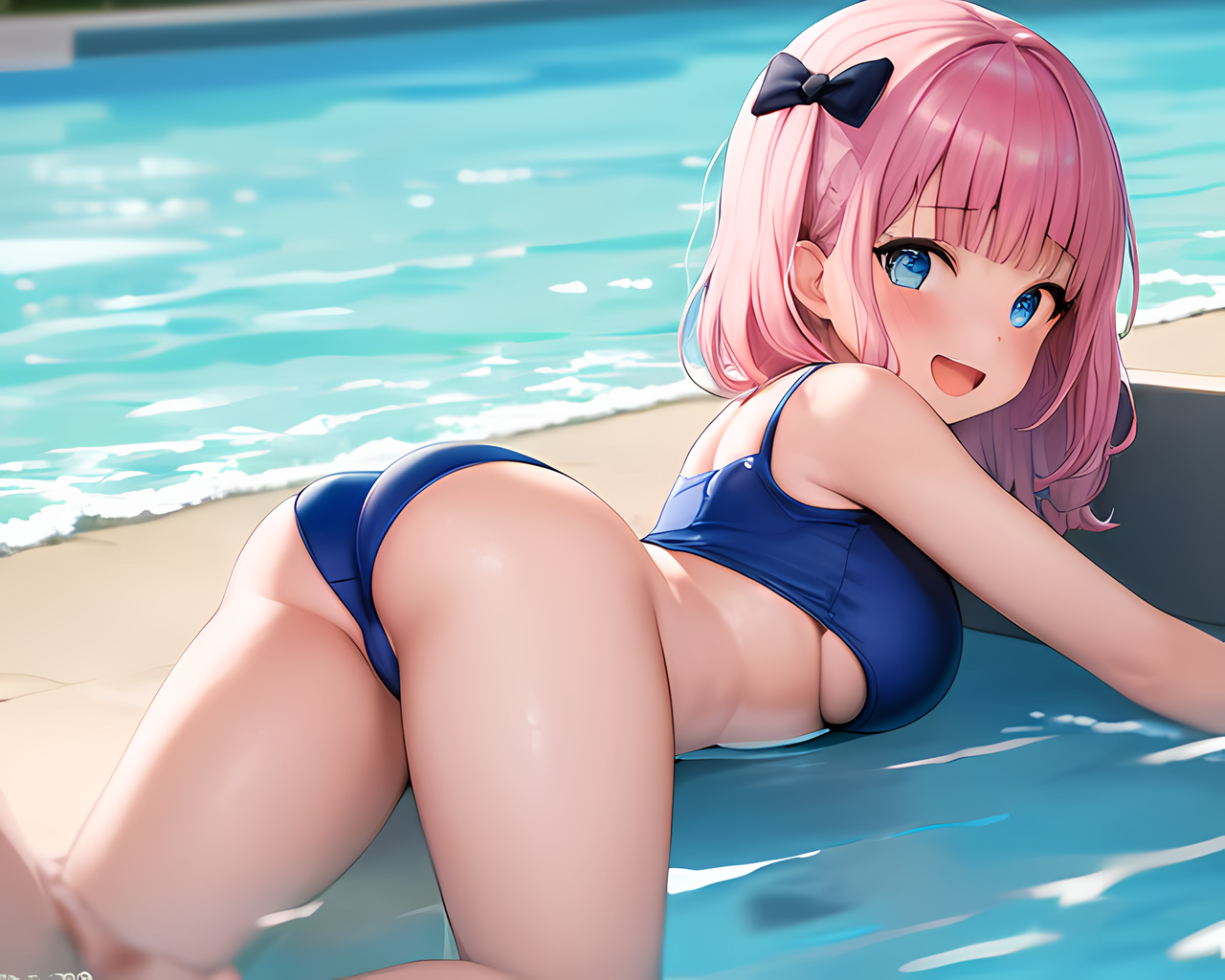 1girls, ai generated, beach, bikini, blue eyes, breasts, female, focus, fujiwara chika, kaguya-sama wa kokurasetai ~tensai-tachi no renai zunousen~, panties, pink hair, pool, stable diffusion, swimsuit, underboob, wet