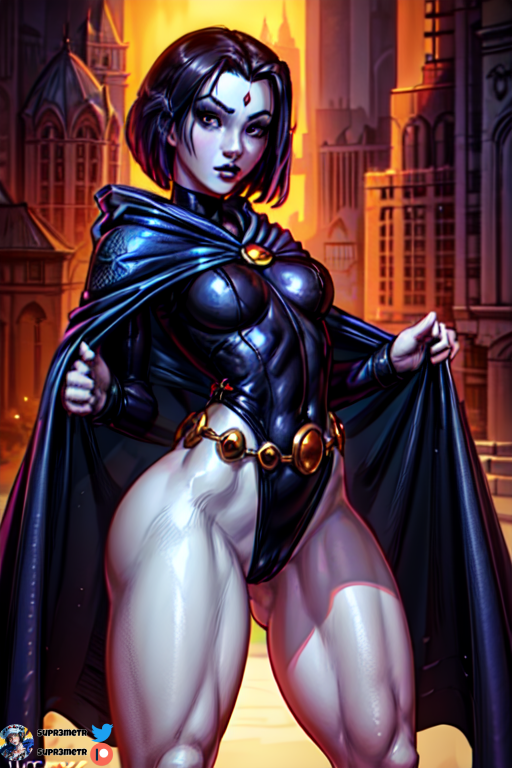 ai_generated big_breasts black_hair black_lips curvy dc dc_comics female forehead_jewel gothic looking_at_viewer raven_(dc) solo supr3metr thick_thighs thighs wide_hips