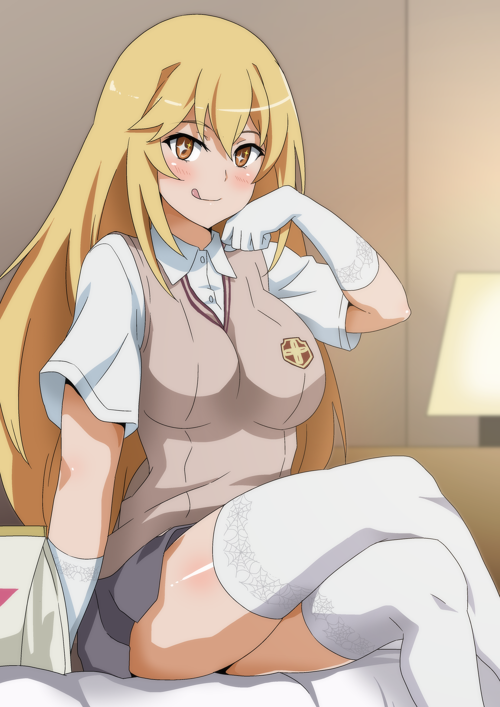 + +, 1girls, 2020, 2020s, accurate art style, beige vest, blonde hair, blush, breasts, closed mouth, clothed, clothed female, collared shirt, crossed legs, elbow gloves, female, gloves, grey skirt, hair between eyes, hara (harayutaka), hi res, indoors, lamp, large breasts, licking lips, long hair, looking at viewer, on bed, school uniform, schoolgirl, shirt, shokuhou misaki, short sleeves, sitting, skirt, smile, solo, sparkling eyes, spider web print, teenage female, teenager, thick thighs, thighhighs, thighs, to aru kagaku no railgun, to aru majutsu no index, tokiwadai school uniform, tongue, tongue out, unusual anatomy, unusual eyes, unusual pupils, white gloves, white shirt, white thighhighs, yellow eyes