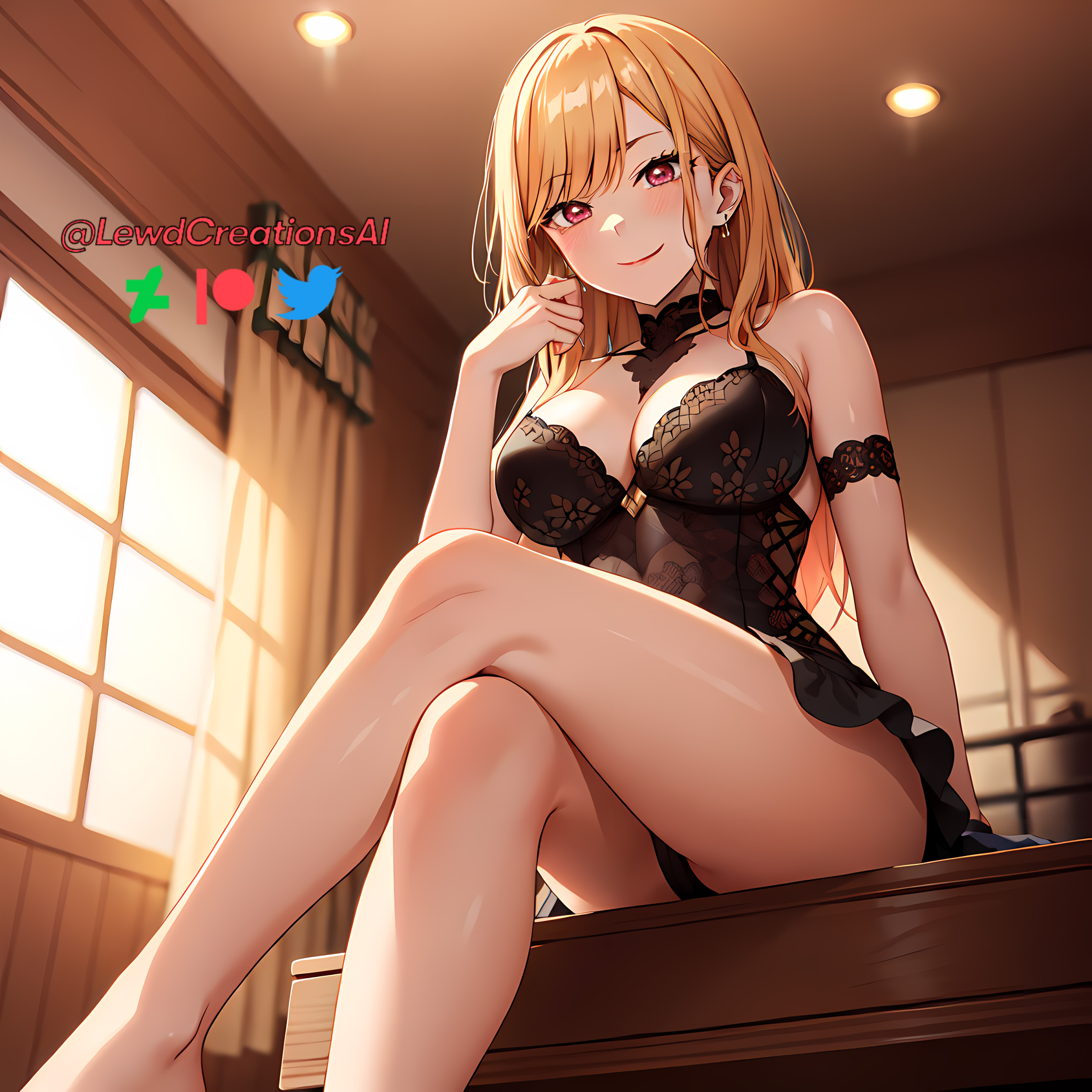 1girls, ai generated, blonde hair, choker, feet first, feet out of frame, female, femdom, from below, kitagawa marin, legs crossed, lewdcreationsai, lingerie, looking at viewer, looking down, smirk, sono bisque doll wa koi wo suru, tagme