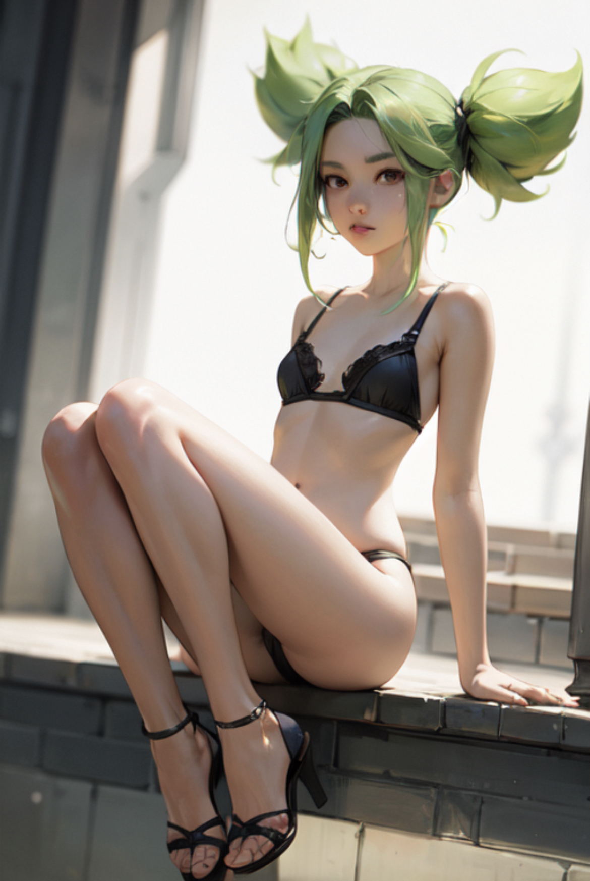 ai generated, breasts, feet, female, green hair, heels, league of legends, league of legends: wild rift, lingerie, petite, sitting, slim, slim waist, small breasts, zeri (league of legends)