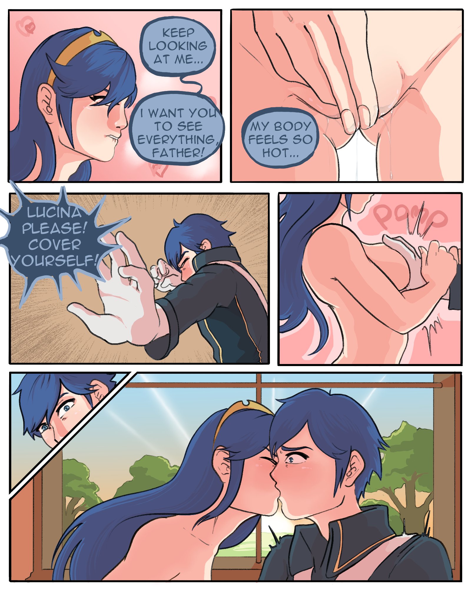 1boy, 1girls, accidental incest, blue eyes, blue hair, chrom (fire emblem), comic, daughter, dialogue, english text, father, father and daughter, female, fire emblem, fire emblem awakening, incest, lemonade ghost, lucina (fire emblem), male, mistaken identity, nintendo, nude, nude female, parent and child, text, uncensored