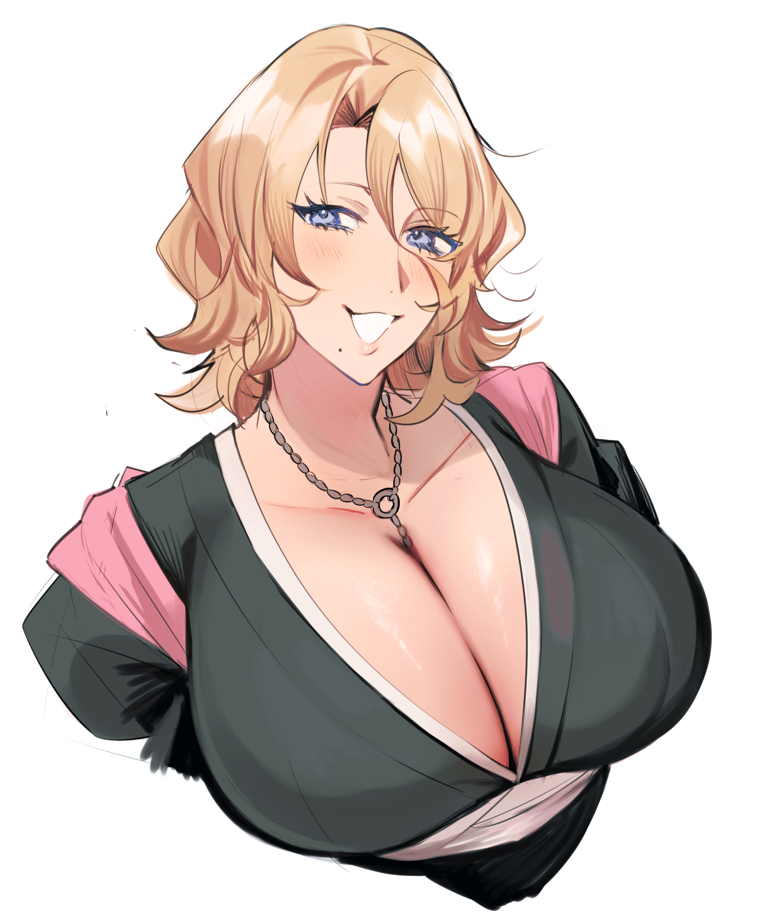1girls, black kimono, bleach, bleach: the thousand-year blood war, blonde hair, blue eyes, blush, breasts, chain necklace, cleavage, female, female focus, highres, huge breasts, japanese clothes, kimono, looking at viewer, matsumoto rangiku, mayana (bbpp), mole, mole under mouth, necklace, pink scarf, scarf, short hair, solo, upper body, voluptuous