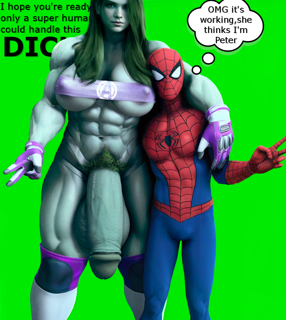 1boy 1futa 3d 3d_(artwork) abs balls big_balls big_breasts big_penis clothed_male english_text flaccid futa_on_male futa_with_male futanari giant_penis green_background hdregrets huge_balls huge_breasts huge_cock hulk_(series) imminent_sex large_breasts male male_with_futa marvel marvel_comics muscular muscular_futanari penis pubic_hair she-hulk simple_background size_difference spider-man spider-man_(series) superhero text thought_bubble