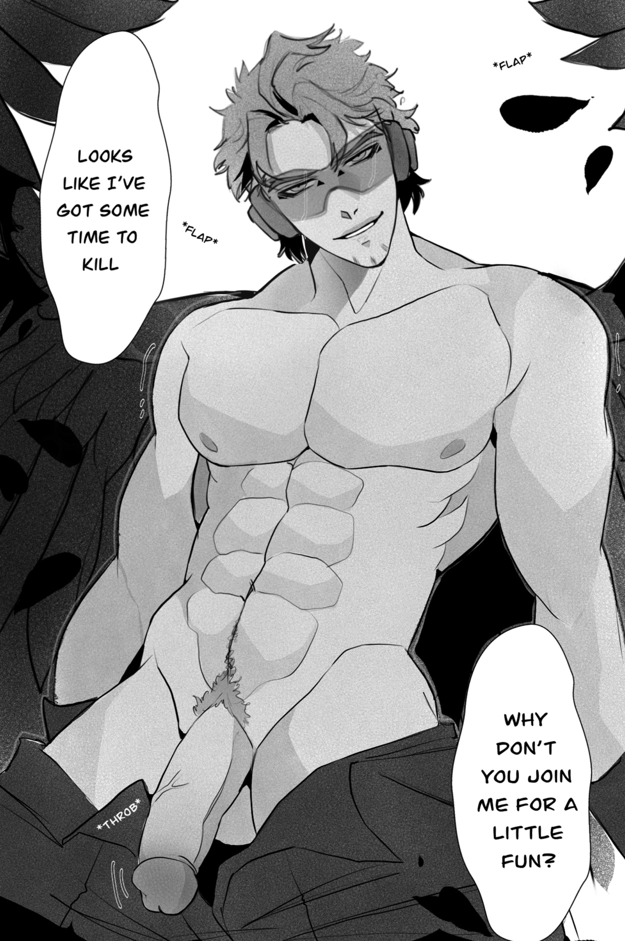 1boy, anthro, avian, avian humanoid, black and white, dialogue, feathered wings, feathers, hawks (my hero academia), human, humanoid genitalia, humanoid penis, iversiin, keigo takami, male, male only, muscular, muscular male, my hero academia, onomatopoeia, penis, pubes, pubic hair, seductive, seductive eyes, seductive look, seductive mouth, seductive smile, smile, smiling at viewer, solo, solo focus, solo male, text, text bubble, undressing, winged humanoid, wings