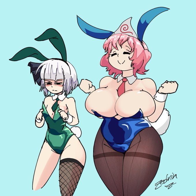 2girls accessory big_breasts blue_background breast_size_difference bunny_ears bunnysuit chubby_female closed_eyes fishnets petite pink_hair playboy_bunny thick_thighs touhou watermark white_hair youmu_konpaku yuyuko_saigyouji zedrin