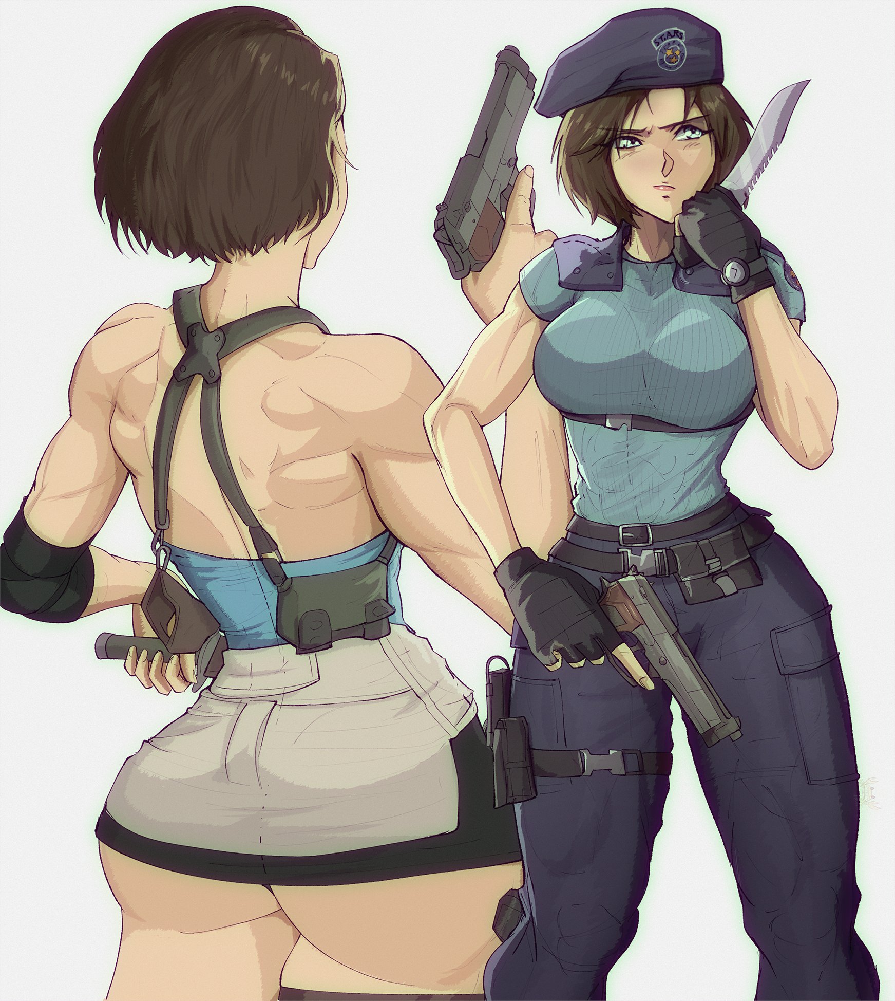 1girls, ass, ass focus, brown hair, butt cheeks, capcom, female, gun, jill valentine, miniskirt, pistol, resident evil, resident evil 3, tubetop, upskirt, yoracrab