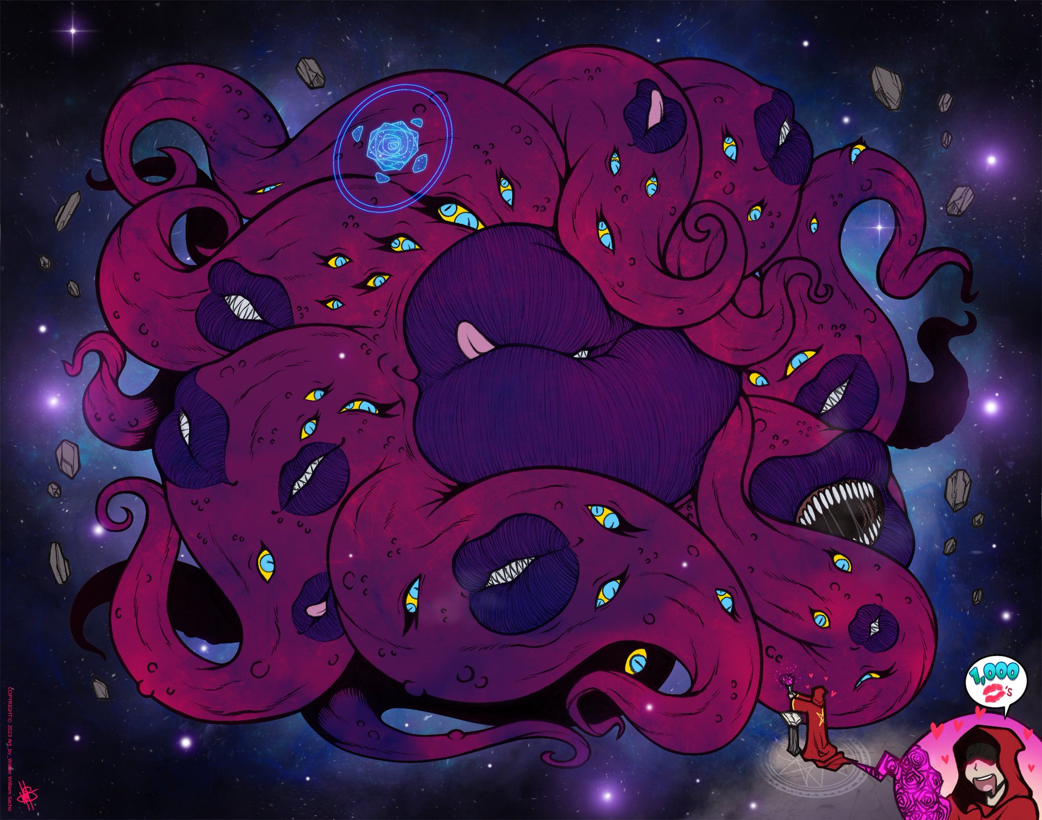 1boy, 1girls, bedroom eyes, big lips, bimbo lips, blush, eldritch abomination, eldritch horror, female, heavy breathing, licking lips, male, multi eye, nightmare waifu, smile, steam, tentacle, thick lips, walter sache, wsache2020