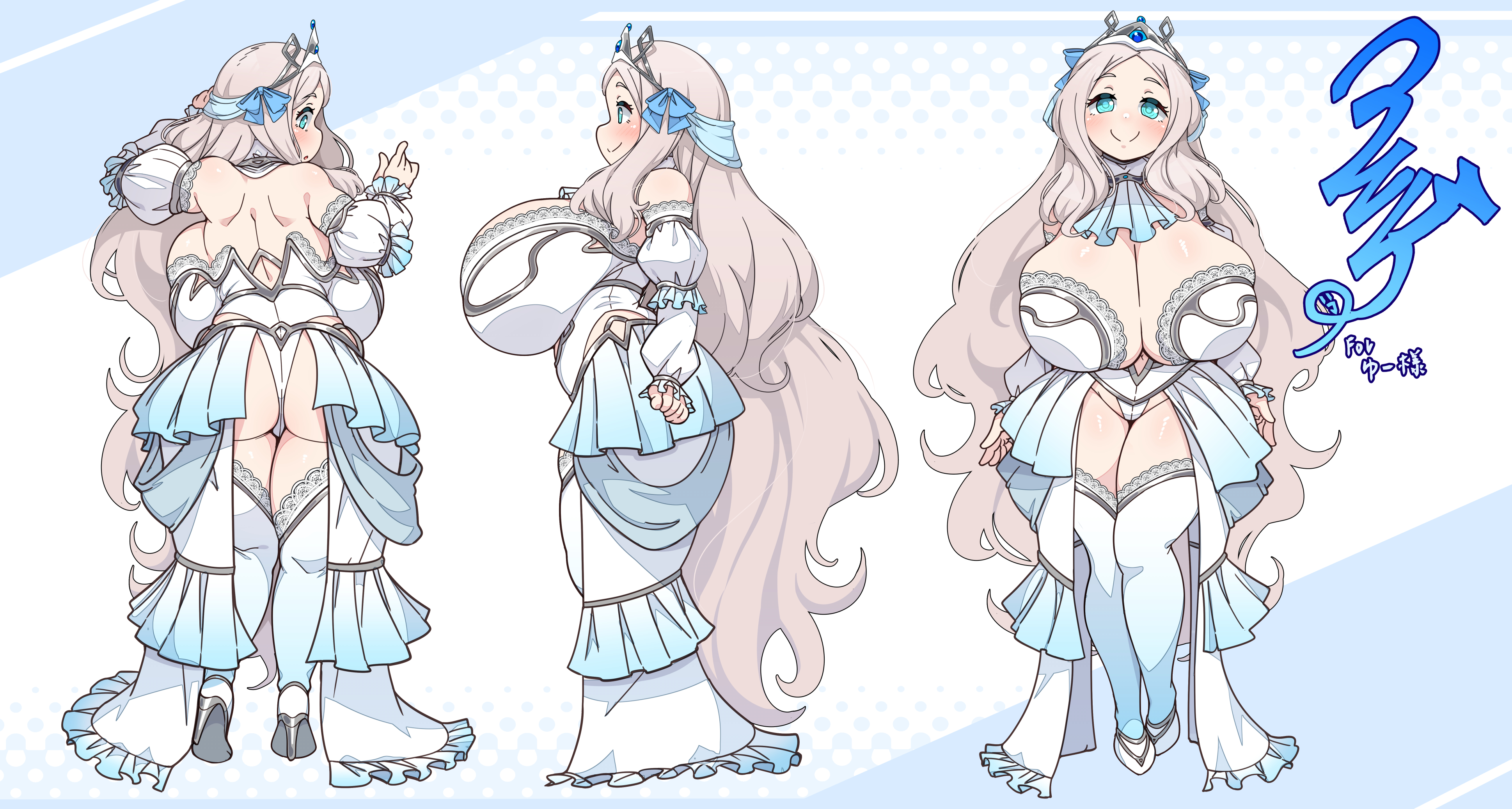 1girls, 2023, absurd res, absurdly long hair, ass, back, backboob, bare shoulders, big ass, blonde hair, blue eyes, blush, bow, breasts, cleavage, clothing, detached collar, detached sleeves, female, female only, frilled skirt, frills, full body, grey hair, hair ribbon, high heels, highres, huge breasts, jewelry, konoshige (ryuun), leotard, long hair, long skirt, looking at viewer, looking back, multiple views, original, primulard elimstrriede (yu-sama), revealing clothes, ribbon, ryuun (stiil), shortstack, showgirl skirt, side view, signature, skirt, smile, solo, standing, thick thighs, thighhighs, thighs, tiara, tight clothing, very long hair, white leotard, wide hips, zettai ryouiki