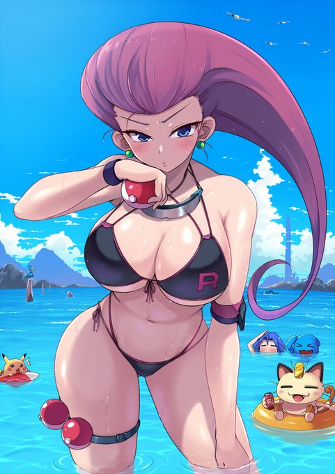 1female background big_breasts bikini holding_object james_(pokemon) jessie_(pokemon) kasai_shin looking_at_viewer meowth_(team_rocket) pikachu pokemon purple_hair wobbuffet