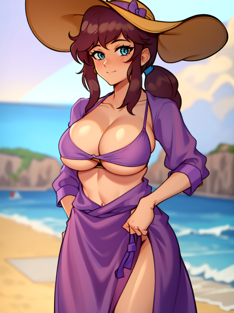 a_hat_in_time adult aged_up ai_generated big_breasts bikini bikini_bottom bikini_top blue_eyes blue_tie blush blushing_at_viewer breasts brown_hair brown_hat hair_tie happy happy_female hat hat_adult hat_kid large_breasts light-skinned_female light_skin looking_at_viewer mariegold ponytail purple_bikini purple_bikini_bottom purple_bikini_top purple_shirt purple_skirt purple_swimsuit shirt skirt smile smiling smiling_at_viewer swimsuit thighs tied_hair