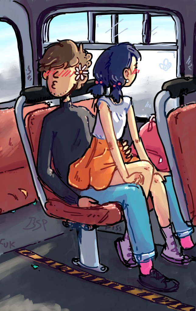 beespaceprogram blue_hair blue_jeans brown_hair bus_interior colored earrings faceless_male female flower_in_hair orange_skirt pink_shoes public_sex public_transportation sitting_on_lap stealth_sex white_shirt