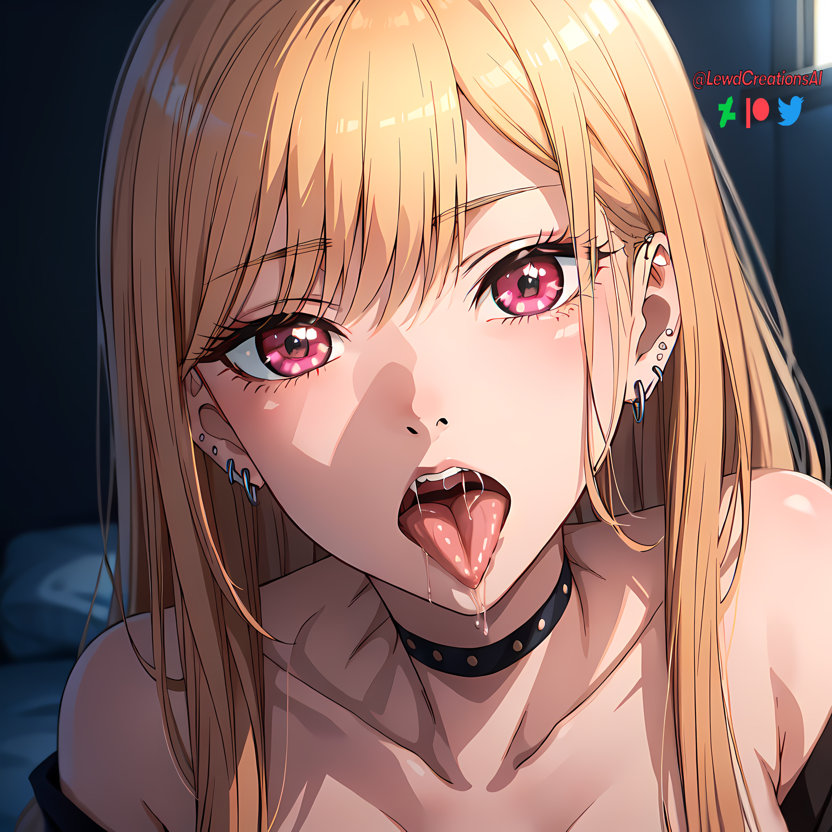 1girls, ai generated, blonde hair, choker, closeup, drooling, face closeup, female, kitagawa marin, lewdcreationsai, light skin, light-skinned female, long hair, looking at viewer, open mouth, oral, oral invitation, pale skin, pale-skinned female, petite, pink eyes, pink hair, seductive look, seductive mouth, sono bisque doll wa koi wo suru, tagme, throat, tongue, tongue fetish, tongue out, two-tone hair