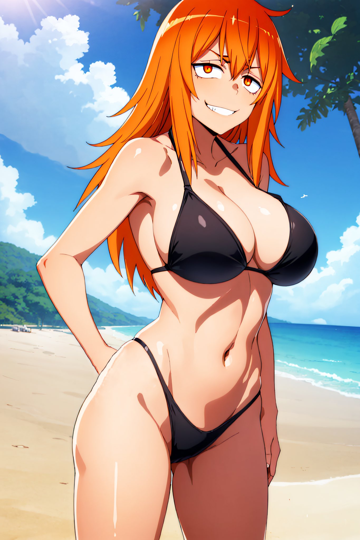 1girls, abs, ai generated, beach, big breasts, bikini, black bikini, breasts, busty, cleavage, clothed, clothing, color, curvy, female, female focus, female only, gamo-chan, hi res, highres, large breasts, long hair, looking at viewer, mugi cham 07, navel, orange eyes, orange hair, please don't bully me, nagatoro, revealing clothes, simple background, smile, smug, solo, stable diffusion, thick thighs, thong bikini, toned, voluptuous, wide hips