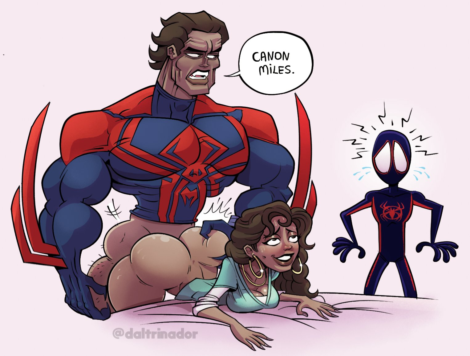 1girls, 2boys, balls, dark skin, dark-skinned female, dark-skinned male, english text, female, latina, male, marvel, marvel comics, mexican male, miguel o'hara, miles morales, multiple boys, multiple males, penis, pussy, rio morales, rio morales (spider-verse), spider-man (series), spider-man 2099, spider-man: across the spider-verse, spider-man: into the spider-verse, text, vagina