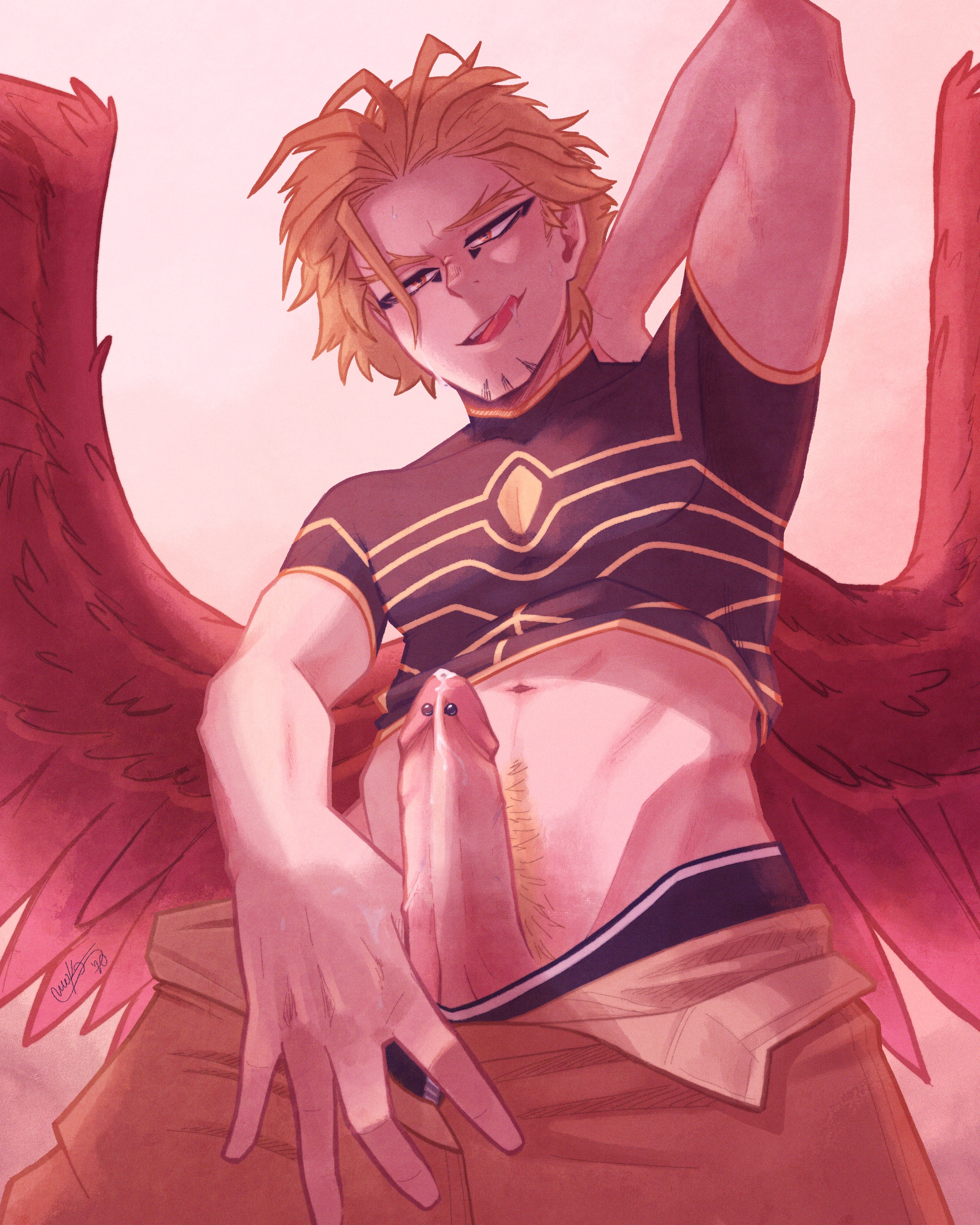 blonde hair, blonde male, blonde pubic hair, erect penis, erection, eyeliner, feathered wings, hawks (my hero academia), keigo takami, licking lips, male, male only, meikom, my hero academia, penis, penis out, penis piercing, pierced genitals, pierced penis, precum, presenting, presenting penis, pubes, pubic hair, red wings, revealing penis, seductive, seductive eyes, seductive look, seductive mouth, seductive smile, signature, simple background, solo, solo focus, solo male, sweat, sweating, tongue, tongue out, winged humanoid, wings