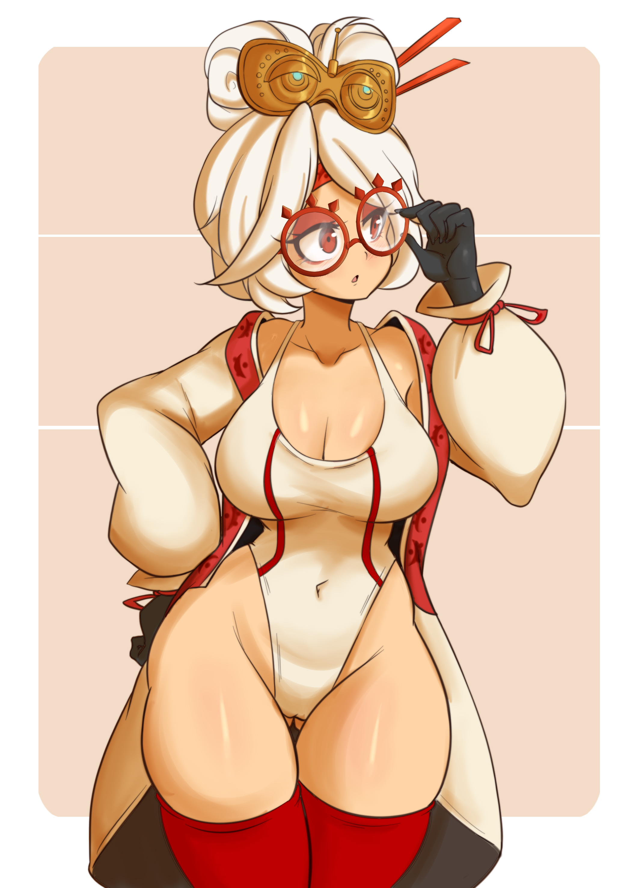 1girls, big breasts, breasts, female, female only, glasses, lucyfercomic, nintendo, purah, purah (tears of the kingdom), tears of the kingdom, the legend of zelda, thick thighs, thighhighs, white hair, wide hips