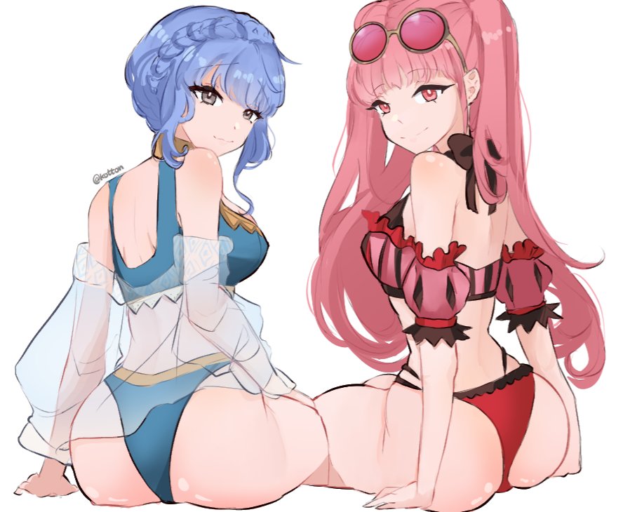 2girls alternate_costume ass back_view bare_shoulders big_ass bikini blue_bikini blue_hair blue_nails blue_skirt blue_swimsuit blunt_bangs blush braid breasts cleavage crown_braid emi_(kottonart) eyewear_on_head female female_only fire_emblem fire_emblem:_three_houses fire_emblem_heroes grey_eyes hilda_valentine_goneril hilda_valentine_goneril_(summer) long_hair marianne_von_edmund marianne_von_edmund_(summer) medium_breasts multiple_girls navel nintendo off_shoulder official_alternate_costume open_mouth parasol pink_bikini pink_hair pink_nails pink_swimsuit plain_background round_eyewear serafineart1001 short_hair sitting skirt smile sunglasses sunglasses_on_head swimsuit twintails white_background