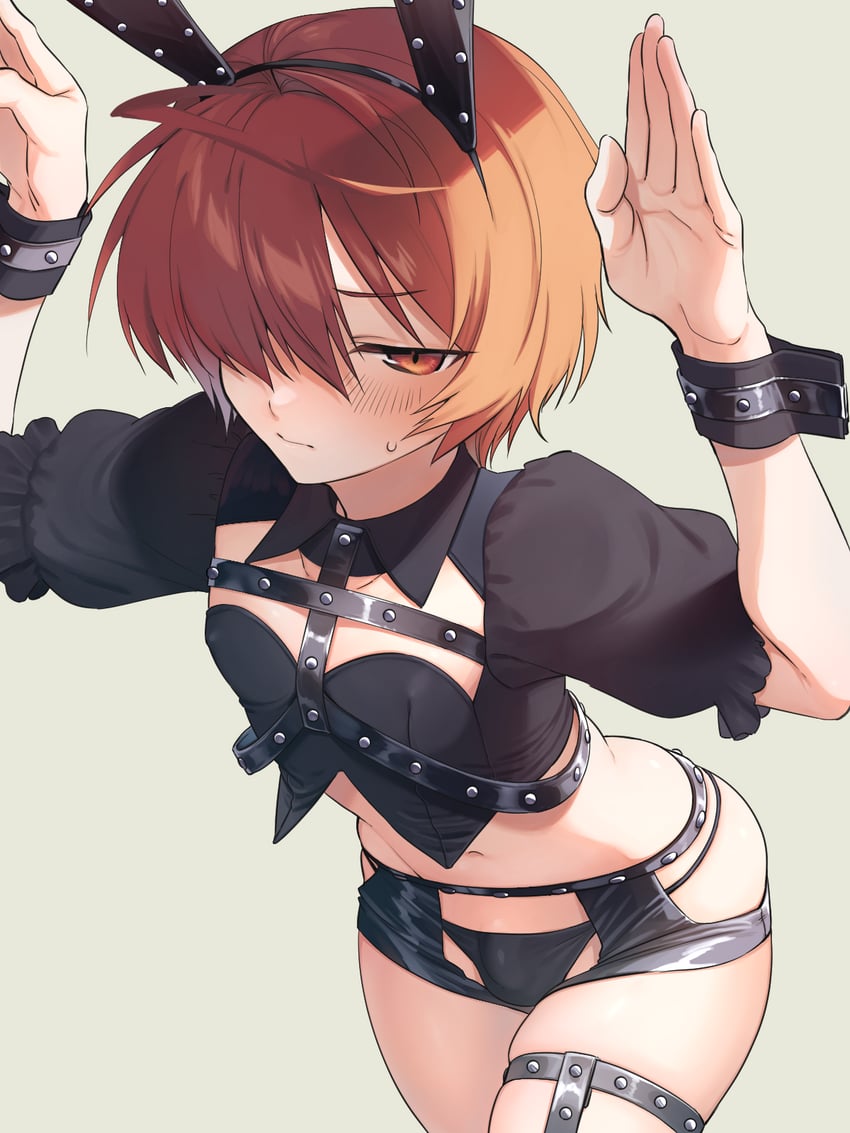 1boy :/ ahoge animal_ears arched_back arms_up backlighting black_panties black_shorts blush bulge bulge_in_panties bulge_through_clothing chest_harness cowboy_shot crop_top crossdressing crotchless_shorts fake_animal_ears fate/grand_order fate_(series) femboy fuuma_kotarou_(fate) girly hair_over_one_eye harness highres male male_focus male_only micro_shorts navel omiyacha open_hands otoko_no_ko panties parted_bangs puffy_short_sleeves puffy_sleeves rabbit_ears rabbit_pose red_eyes red_hair short_hair short_sleeves shorts simple_background single_thighhigh skindentation solo standing string_panties studs sweatdrop thighhighs trap underwear wrist_cuffs