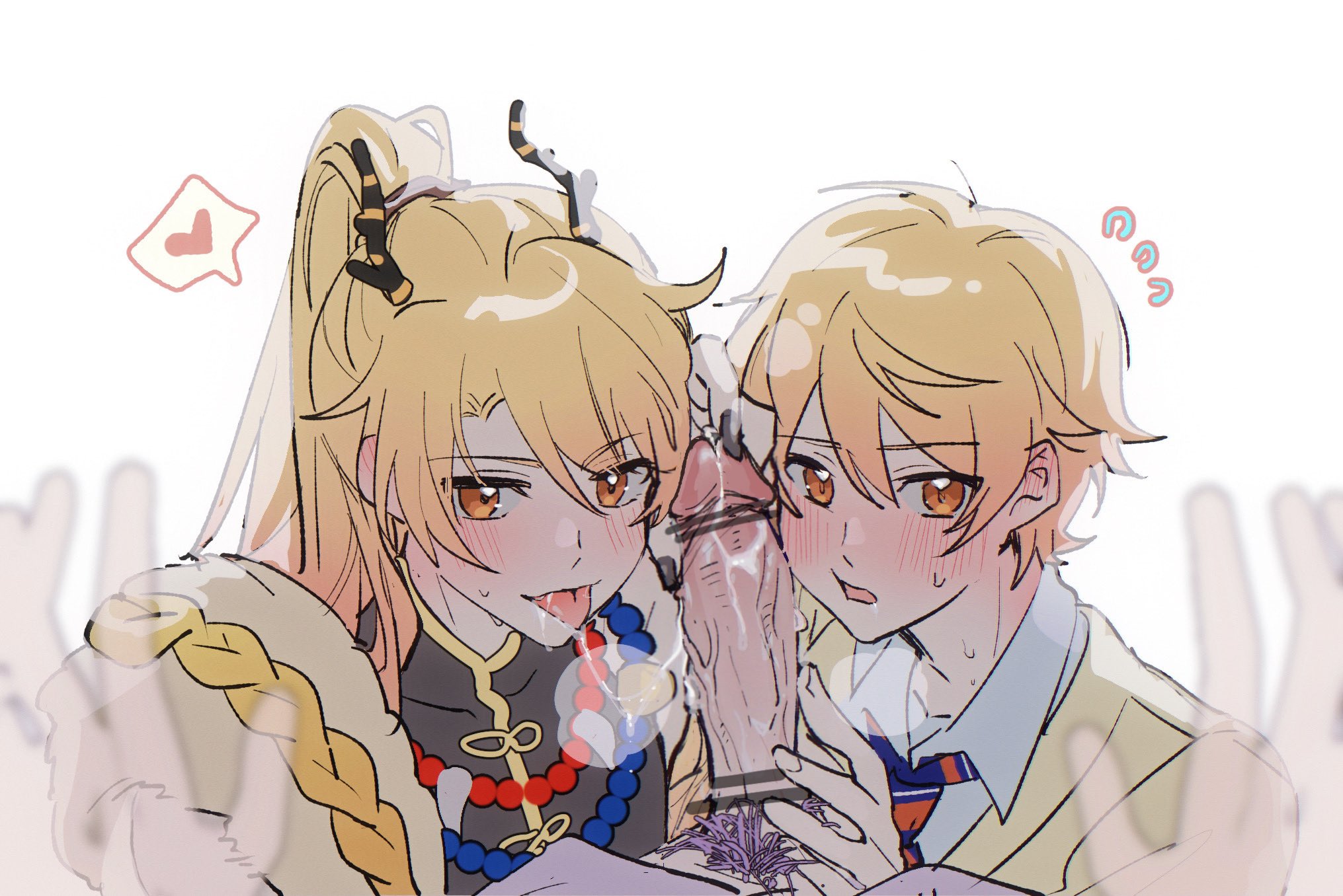 kamishiro rui, long hair, male, male focus, male only, male/male, ponytail, ponytail male, project sekai, tenma tsukasa, tongue, tongue out