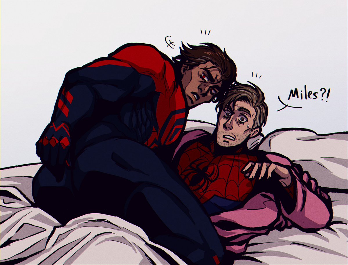 2boys, ass, beard, bed, brown body, brown hair, bubble ass, bubble butt, caught, caught in the act, clothed, gay, in bed, latino, looking at viewer, male, male only, male/male, marvel, marvel comics, mexican, miguel o'hara, muscular, muscular male, nervous, no visible genitalia, peter b parker, power bottom, sheets, spider-man, spider-man (series), spider-man 2099, spider-man: across the spider-verse, spider-man: into the spider-verse, superhero, surprised, sweat, text, tight clothing, yaoi