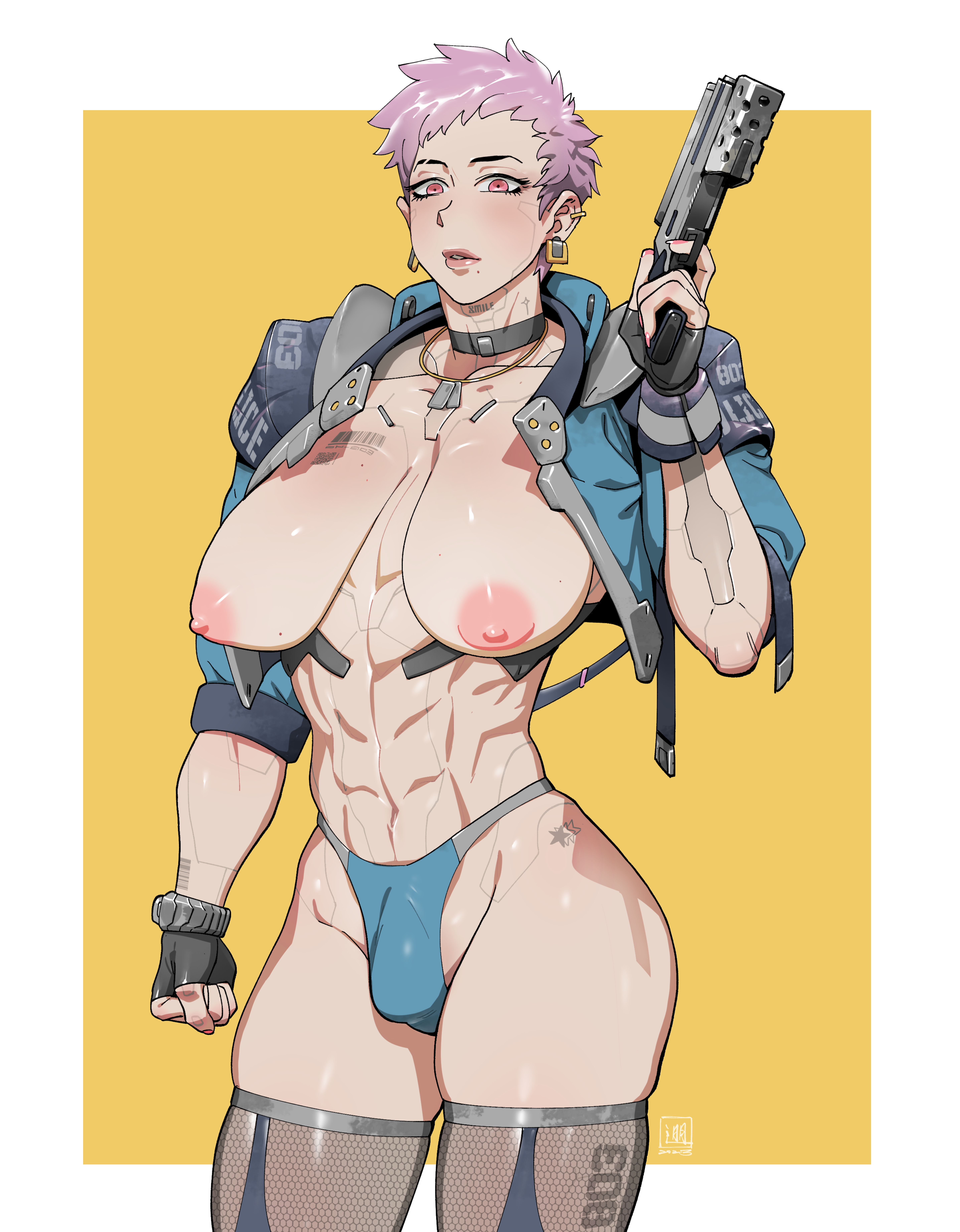 1futa, abs, areolae, bad trigger discipline, big breasts, breasts, breasts apart, bulge, clothed, clothing, cyborg, flaccid, futa only, futanari, gun, humanoid, intersex, light skin, light-skinned futa, lilminindahouse, mostly nude, muscular, muscular futa, nipples, original character, penis, red eyes, sagging breasts, short hair, solo, standing