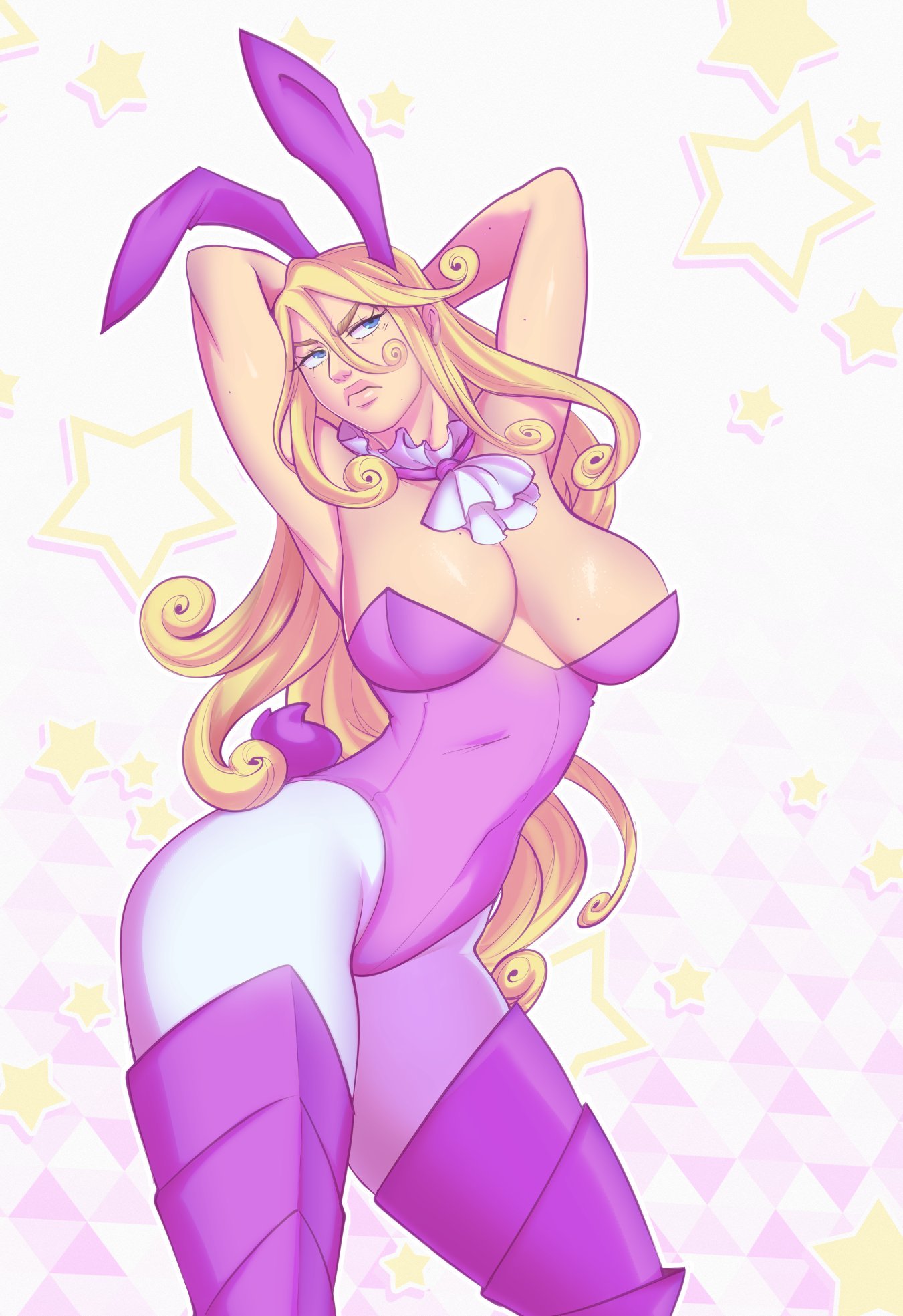 1girls 2d arms_behind_head blonde_hair blue_eyes breasts bunny_ears bunny_tail bunnysuit cleavage collar digital_drawing_(artwork) digital_media_(artwork) female female_only fully_clothed funny_valentine genderswap_(mtf) human jojo's_bizarre_adventure large_breasts light-skinned_female light_skin long_hair looking_away posing rule_63 shounen_jump solo steel_ball_run tagme thick_thighs thighhighs villainess vontecristo