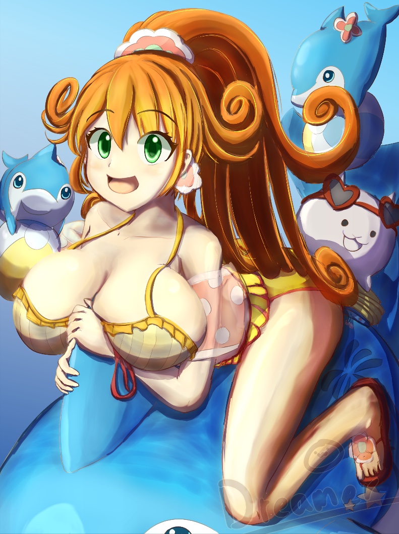 1girls beach_ball bikini blush cat_(battle_cats) dolphin earrings flower_in_hair flowers green_eyes hair_between_eyes hair_ornament heart-shaped_eyewear highres inflatable_dolphin kai_(battle_cats) large_breasts long_hair looking_up orange_hair ponytail pump smiling sunglasses_on_head the_battle_cats thick_thighs water_wings