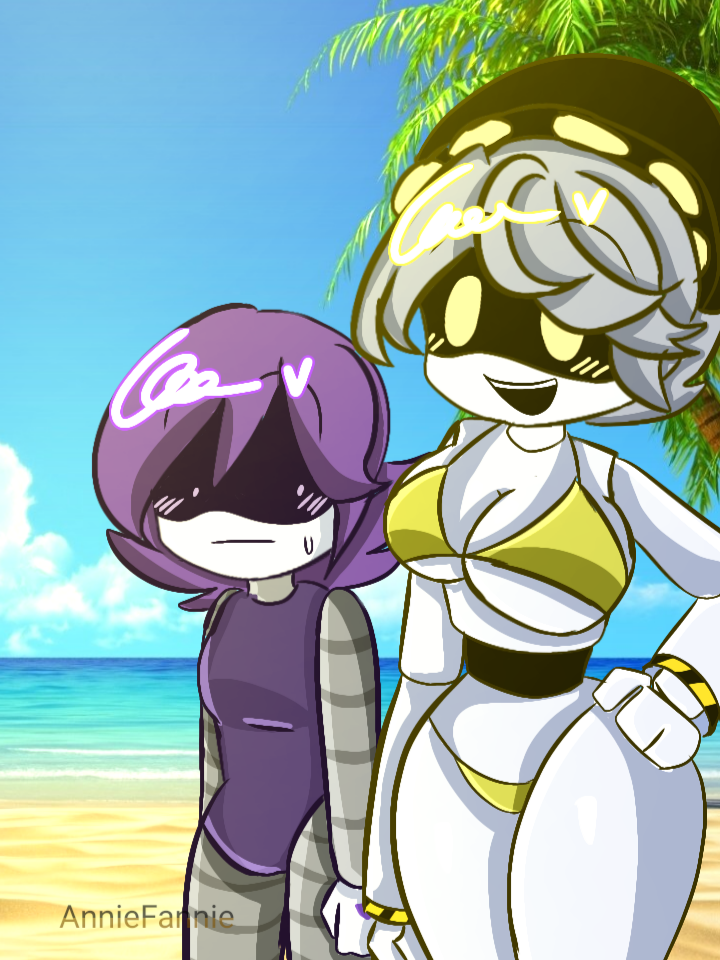 2023 2d 2girls beach big_ass big_breasts bikini blush confused disassembly_drone female female_only genderbend genderswap_(mtf) glitch_productions gray_eyes humanoid jealous looking_at_breasts multiple_girls murder_drones n_(murder_drones) purple_eyes purple_hair real_background real_life_background robot robot_girl robot_humanoid rule_63 screen_face short_hair swimsuit uzi_(murder_drones) worker_drone yellow_eyes