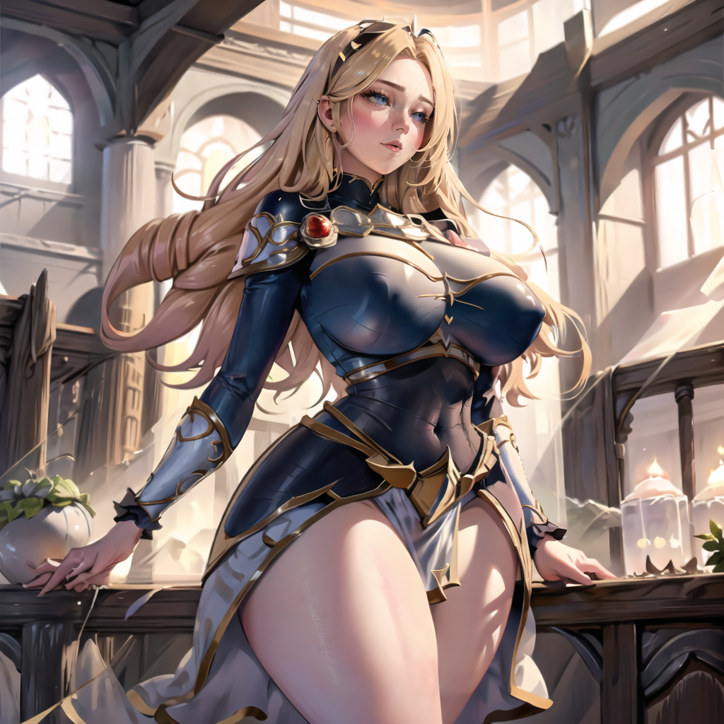 ai generated, bare legs, big breasts, blonde hair, breasts, cixf, covered nipples, female, league of legends, luxanna crownguard, riot games, thick thighs