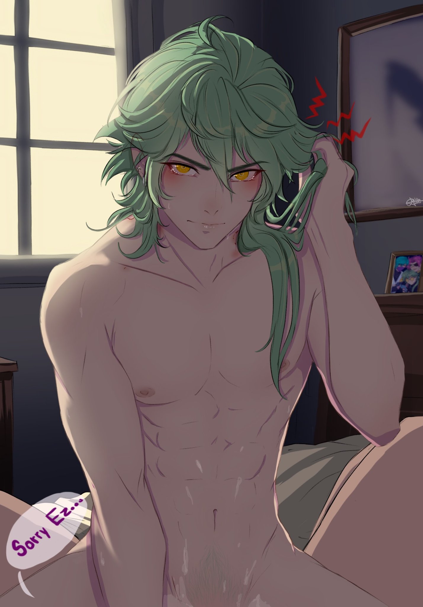 abs, antho saav, blush, breasts, cute face, cute male, ezreal, gay, green hair, heartsteel ezreal, heartsteel kayn, heartsteel series, implied penetration, kayn, league of legends, male, male only, muscular, muscular male, pale skin, pubic hair, sex, text, yaoi, yellow eyes