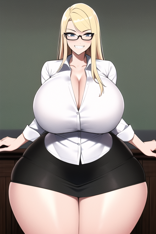 ai_generated black_skirt blonde_hair blue_eyes bootylover02 curvaceous curvy curvy_figure gigantic_ass gigantic_breasts glasses huge_ass huge_breasts huge_hips long_hair looking_at_viewer nai_diffusion seductive_smile shiny_clothes shiny_hair shiny_skin stable_diffusion teacher thick_thighs thunder_thighs unknown_character voluptuous white_shirt wide_hips