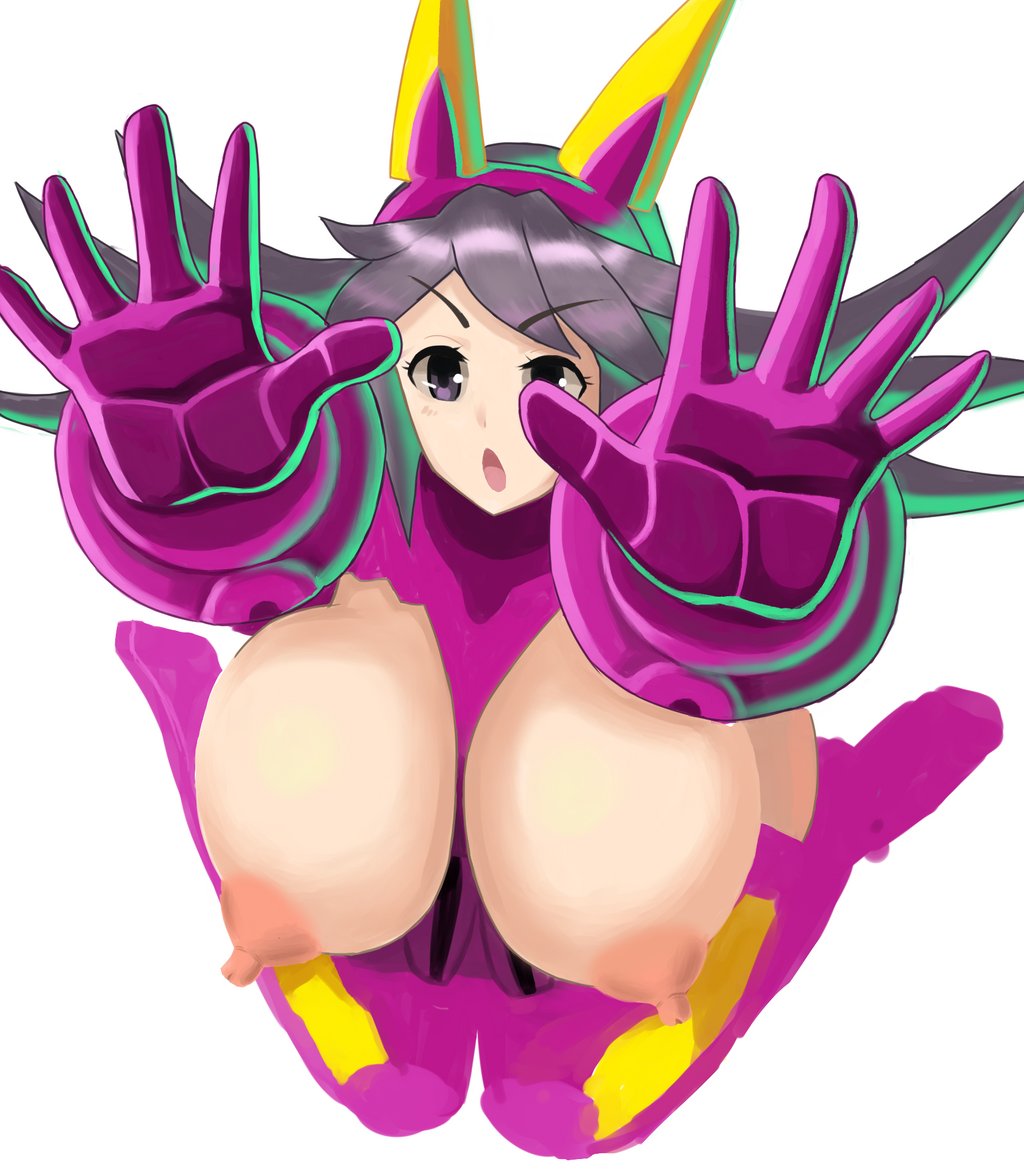 1girls arms_up breasts_out collar determined erect_nipples firm_breasts green_glow grey_hair hands_open headband huge_breasts large_nipples long_hair metal_boots metal_gloves on_knees open_mouth purple_eyes the_battle_cats thighhigh_boots thundia